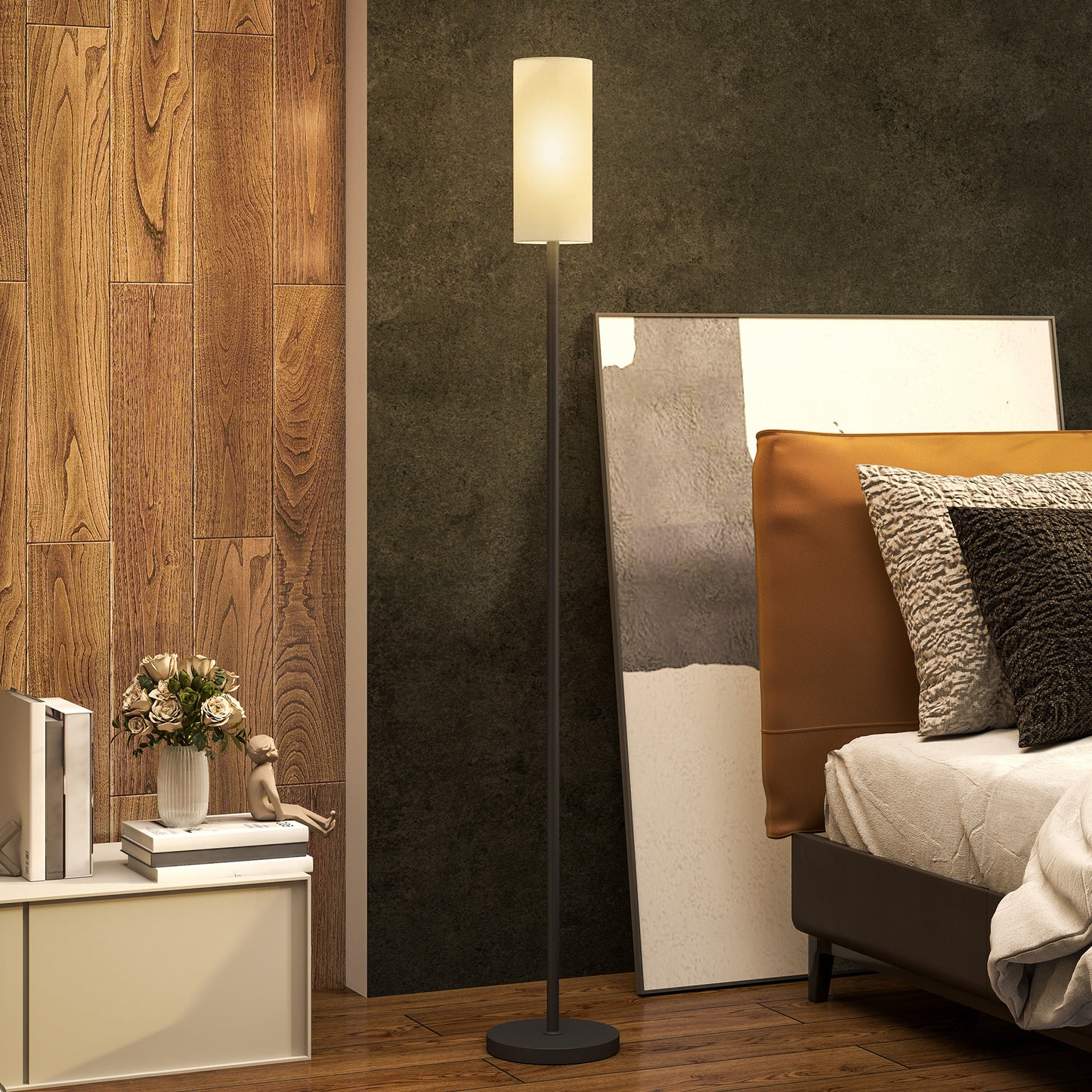 HOMCOM Floor Lamp for Living Room, Modern Standing Lamp with Linen Shade & Foot Switch, Minimalist Tall Pole Lampshade for Bedroom, Office, White