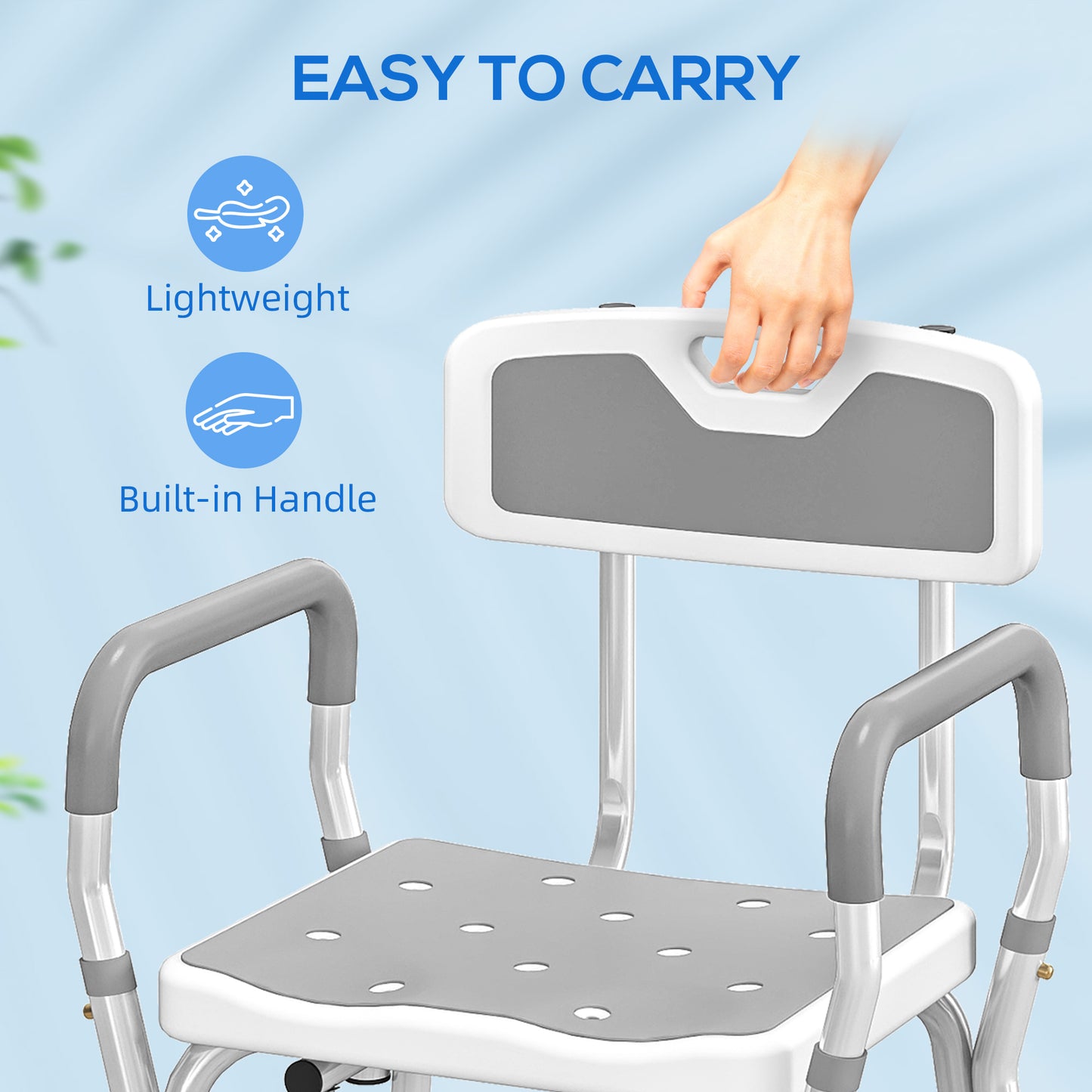 HOMCOM EVA Padded Shower Chair, Height Adjustable with Back & Arms, 4 Suction Foot Pads for Elderly & Disabled, Light Grey