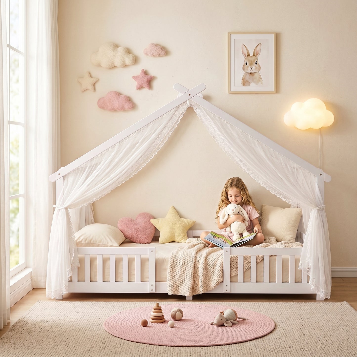 AIYAPLAY Wooden Kids House Single Bed Frame, Solid Pine Wood Toddler Bed with Dual Guardrails for Children, Boys, Girls, White