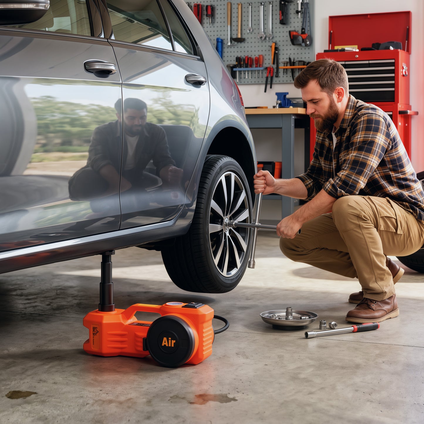 HOMCOM Electric Car Jack Kit, 5Ton 12V Electric Hydraulic Car Jack Lift with 15.5-45 cm Lift, Air Pump, Reflective Case, Orange
