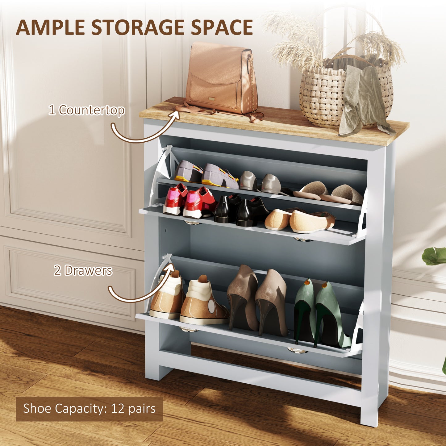 HOMCOM 2 Drawer Modern Shoe Cabinet, Hallway Wooden Storage Organizer with Flip Doors, Adjustable Shelf for 12 Pairs, Grey