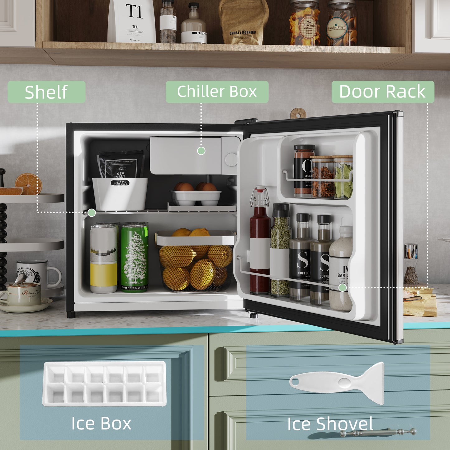 HOMCOM 46L Table Top Mini Fridge with Ice Box, Reversible Door, Adjustable Temp and Legs for Bedrooms/Home Office, Silver Tone