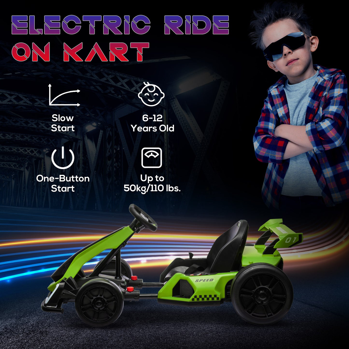 HOMCOM 24V Electric Go Kart for Kids with Adjustable Seat for 6-12 Years Old, Green