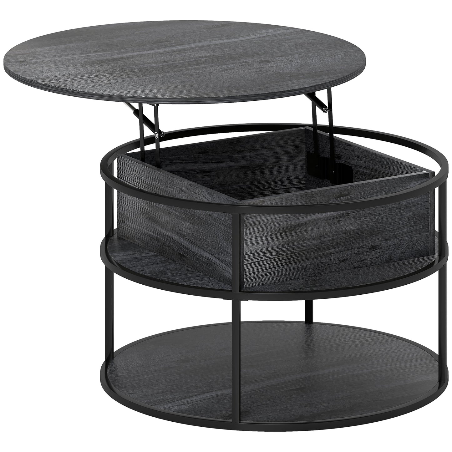 HOMCOM Lift Top Coffee Table, Round Coffee Table with Storage Shelf, Hidden Compartment and Steel Frame for Living Room, Home Office, Charcoal Grey