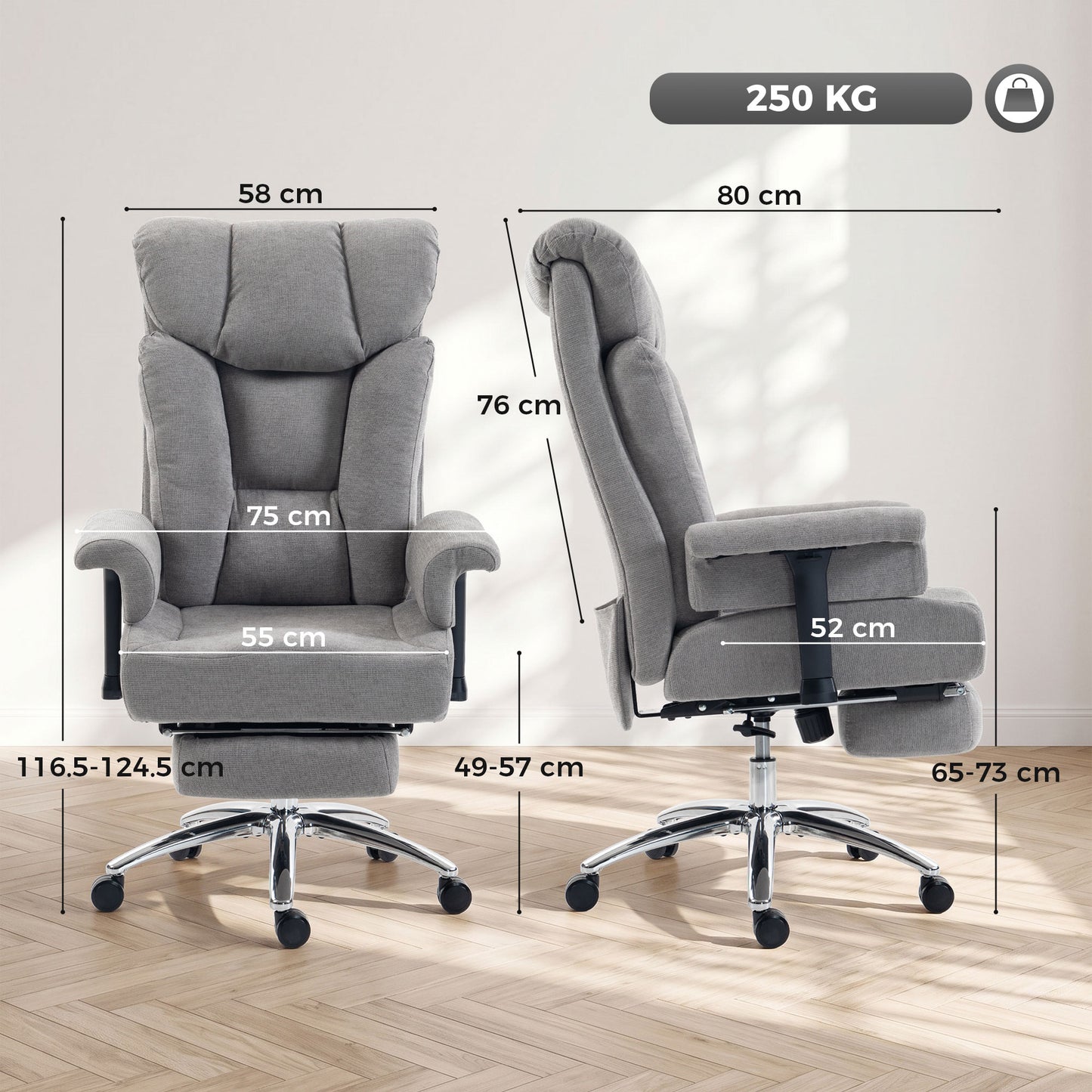 HOMCOM Big and Tall Office Chair, 250 kg Heavy Duty Executive Desk Chair with Adjustable Padded Armrests and High Back, Grey