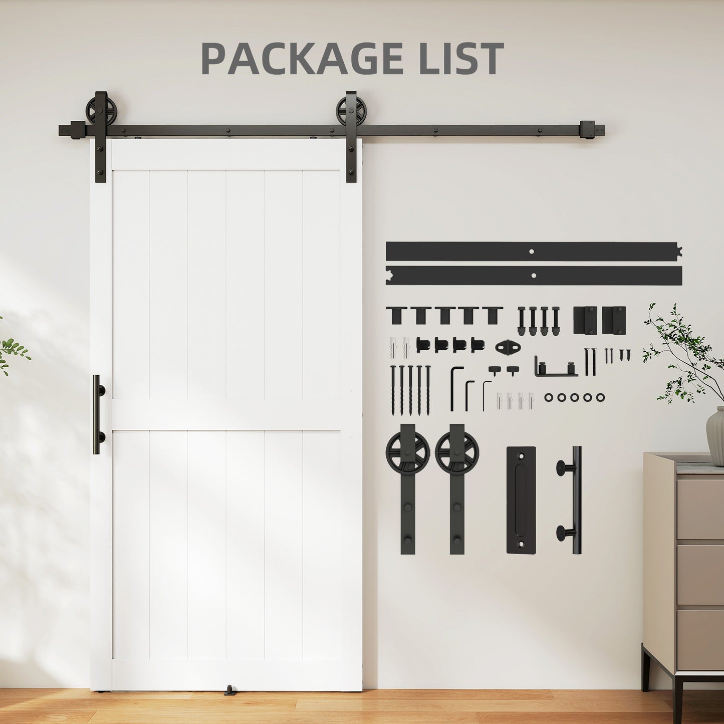 HOMCOM 213.4cm Sliding Barn Door Kit, Sliding Door with Track, Hardware, Upgraded Rollers and Floor Guide, Handle, White
