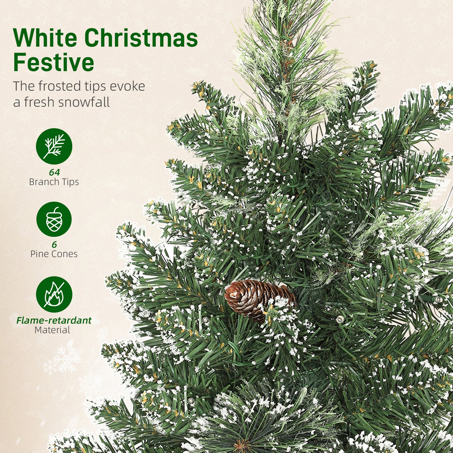 HOMCOM 60cm Prelit Christmas Tree, Snow Flocked Tabletop with 35 LED Lights, Pine Cones, Linen Base, Battery Operated, Green