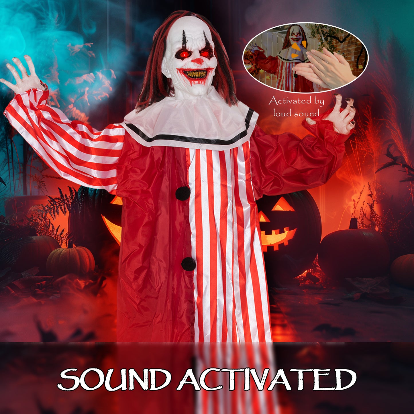 Outsunny 165 cm Life Size Halloween Animated Clown, Sound Activated with Light Up Eyes, Moving Body, Battery Operated Indoor Props, Red