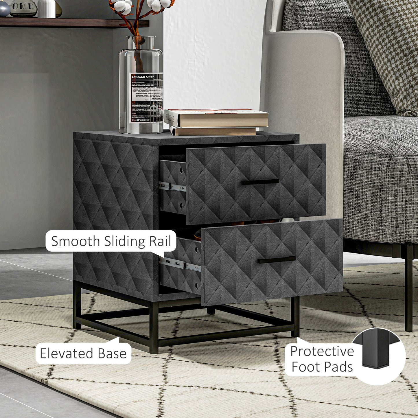 HOMCOM Bedside Tables Set of 2 with 2 Drawers, Modern Nightstand Cabinet, Steel Legs for Bedroom/Living Room, Grey