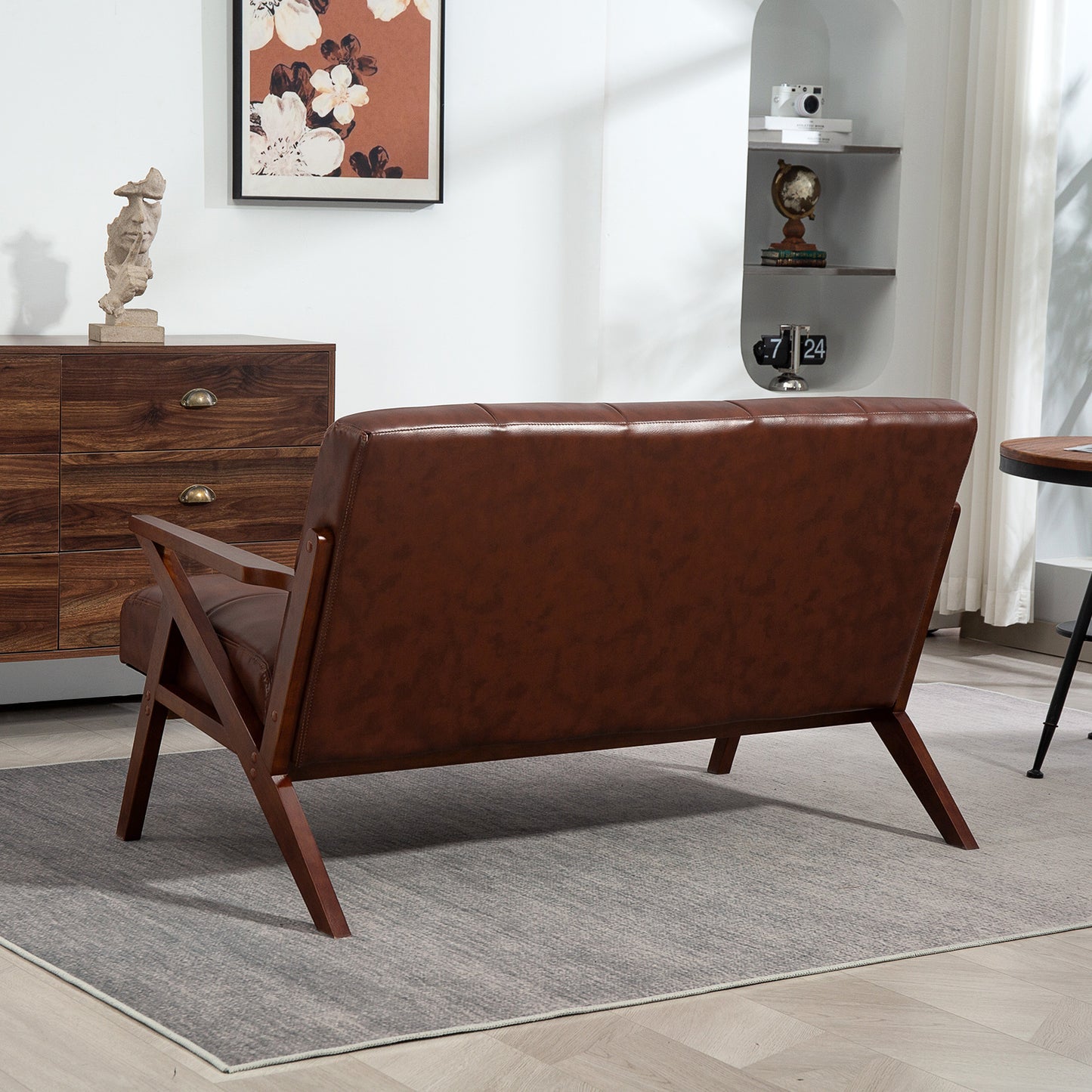 HOMCOM Compact 2 Seater Sofa, Vintage Tufted Loveseat with Solid Wood Legs, PU Leather Couch for Living Room, Bedroom, Home Office, Brown