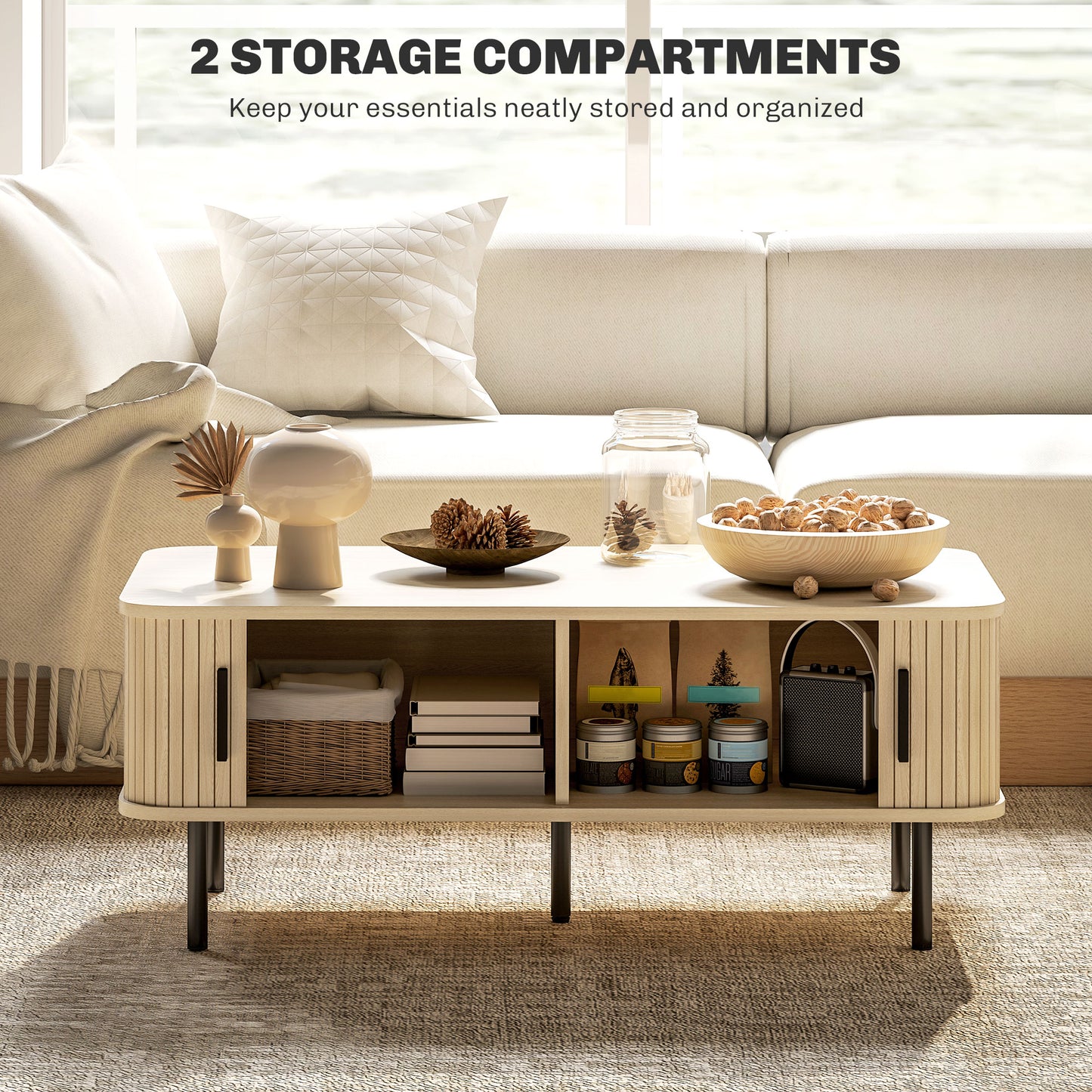 HOMCOM Coffee Table with Storage, Living Room Table with Slatted Tambour Sliding Doors and Foot Pads