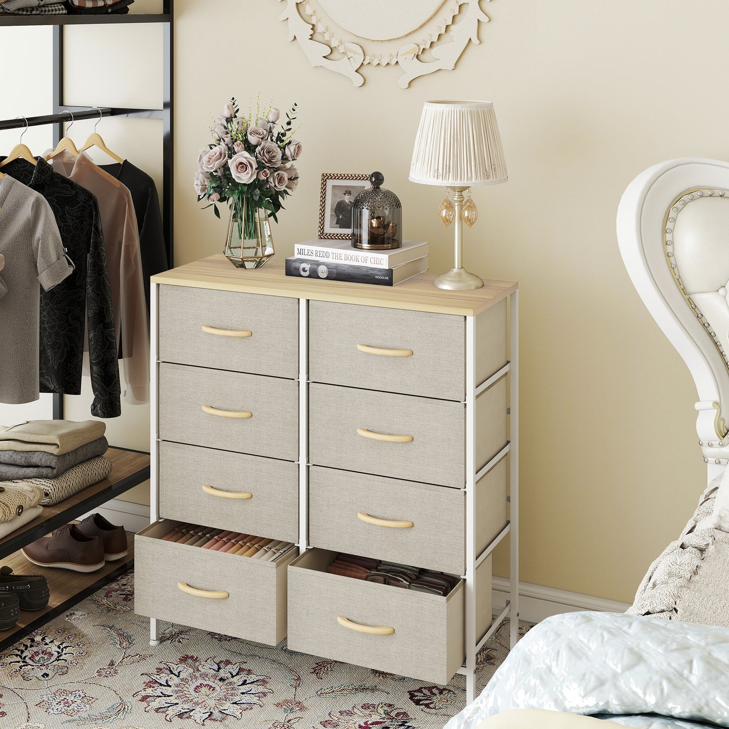 HOMCOM Industrial Chest of Drawers, 8 Fabric Drawers, Steel Frame, Wooden Top, for Nursery, Living Room, Hallway, Maple Wood-effect