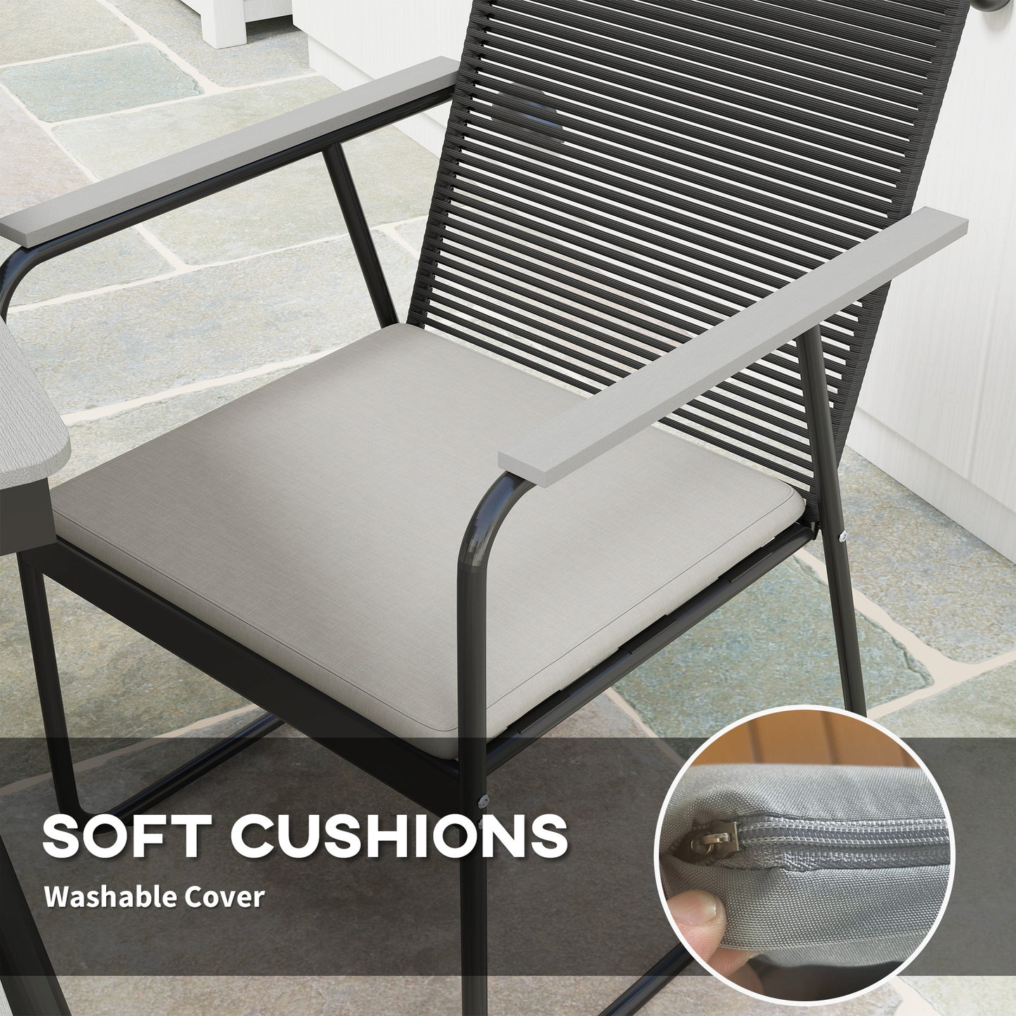 Outsunny 6 Seater Garden Dining Set, Soft Cushions, Rattan Backrest, Rectangular Plastic Top, Outdoor Furniture for Patio, Balcony, Poolside, Grey