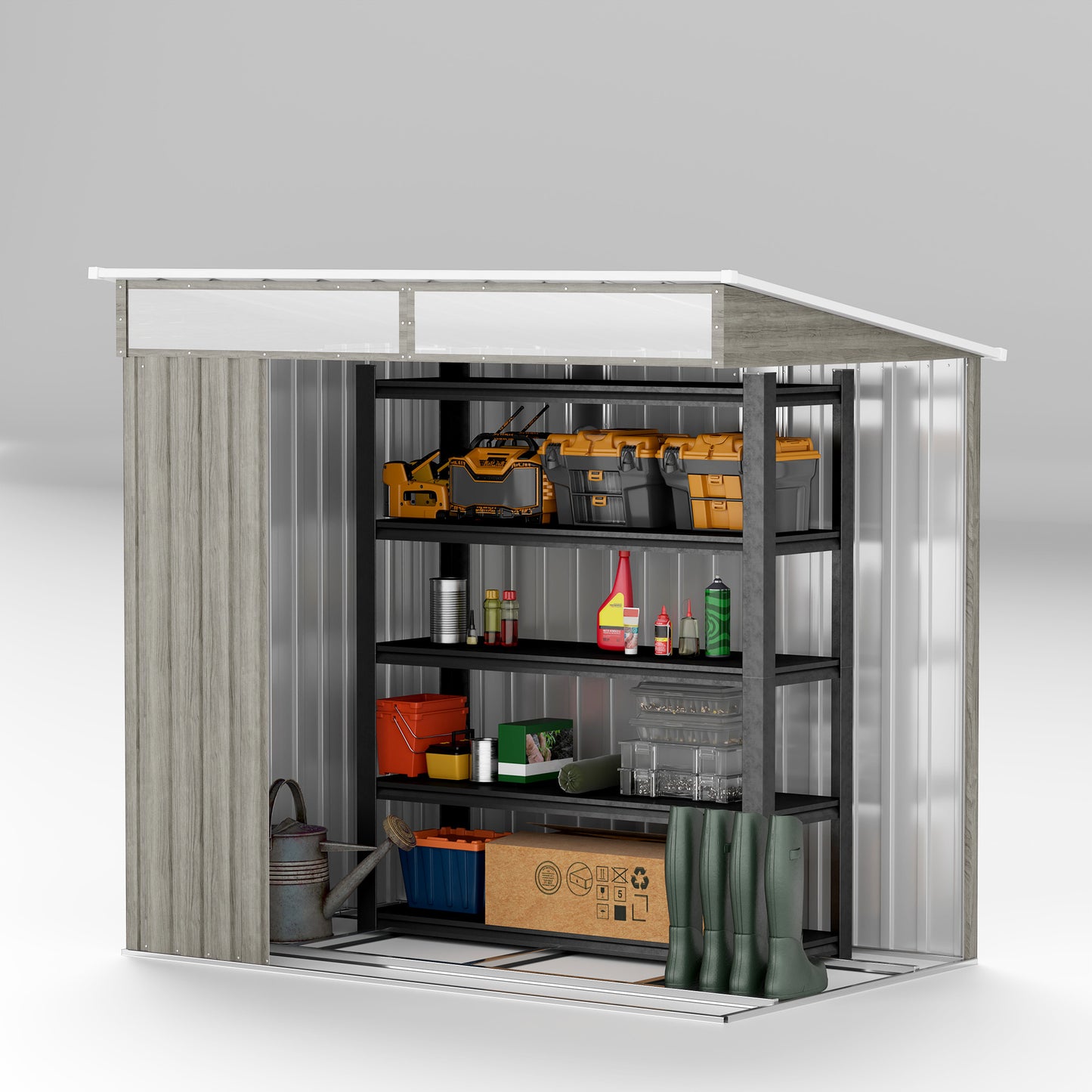 Outsunny 6.5 x 4FT Galvanised Metal Shed with Foundation Kit, Lockable Tool Garden Shed with Double Sliding Doors, Vents, Light Grey Wood Effect