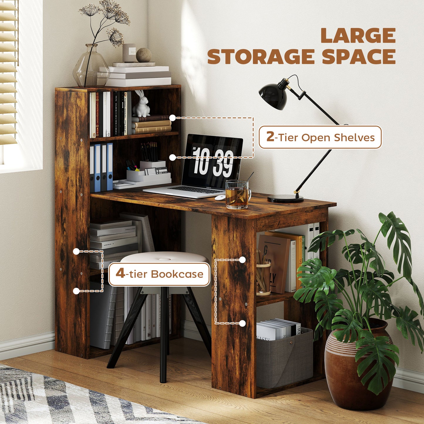 HOMCOM Computer Desk, Wooden Table with 6-Tier Storage Shelves, Home Office Study Desk, Writing Workstation, Rustic Brown Wood-Effect