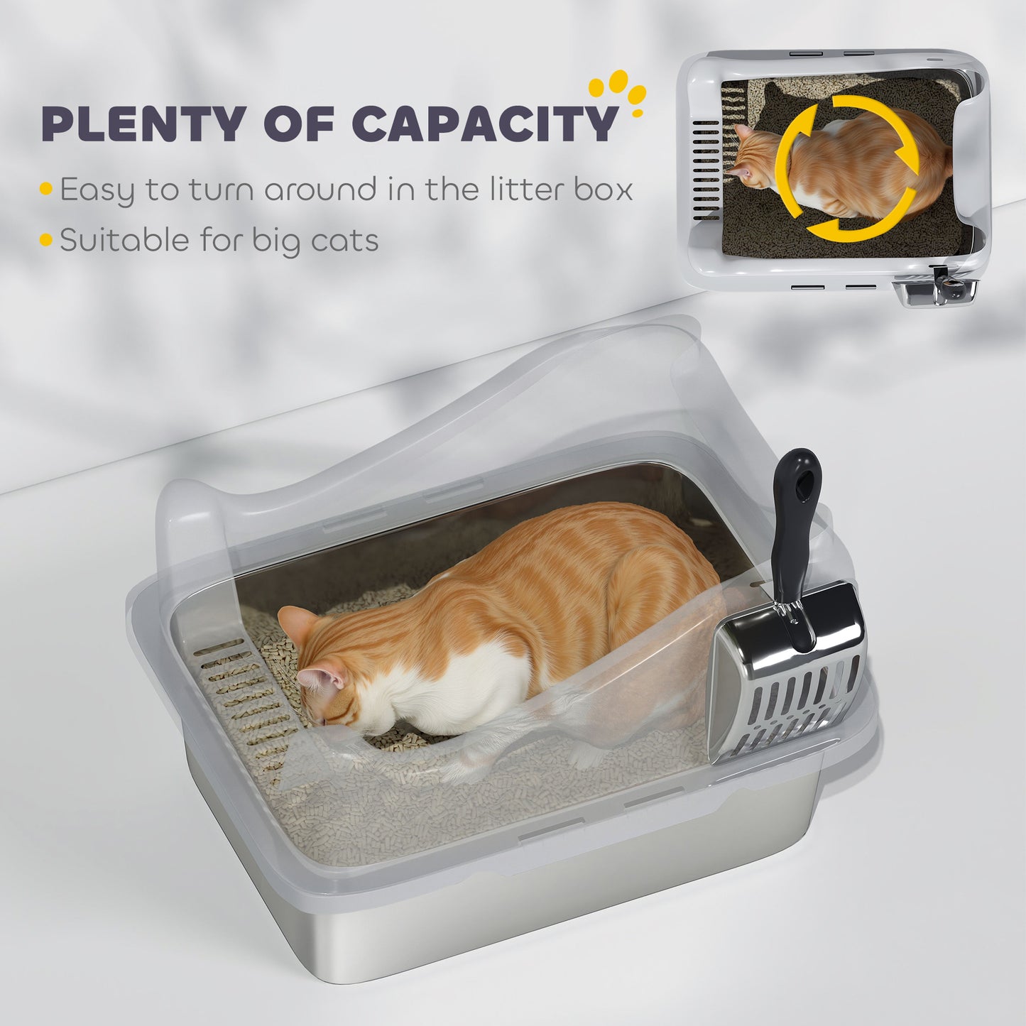 PawHut Stainless Steel Cat Litter Box with High Sides, Metal Scoop, 43 x 33 x 25 cm