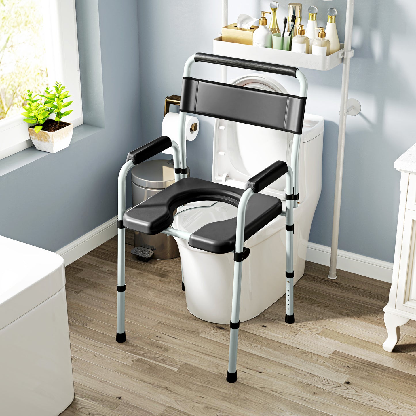 HOMCOM Commode Chair for Elderly with Arms and Back, Lightweight Non-Slip Commode w/ Removable Bucket, Height Adjustable, Black