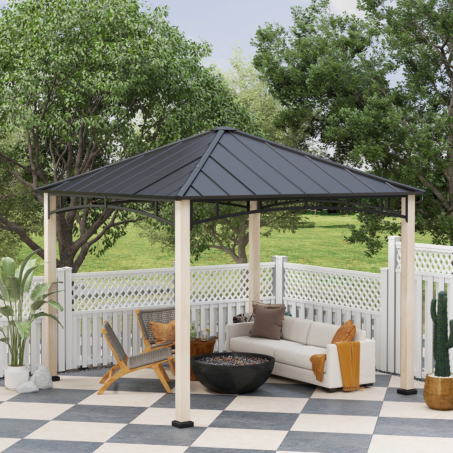 Outsunny 3x3m Hardtop Gazebo: Metal Roof, Wood Grain Columns, Top Hook for Patio/Deck Garden Use