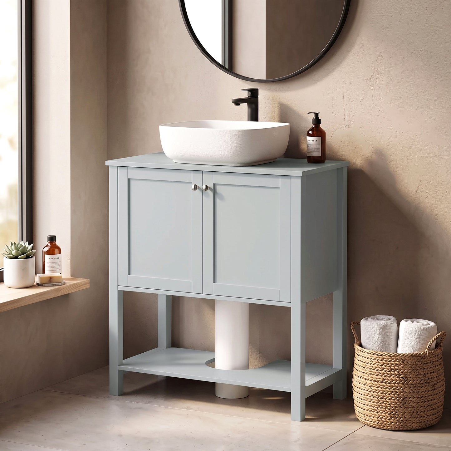 HOMCOM Under Sink Bathroom Cabinet with 2 Doors, Open Shelf and U-Shape Cut-Out for Basin with or without Pedestal, Light Blue