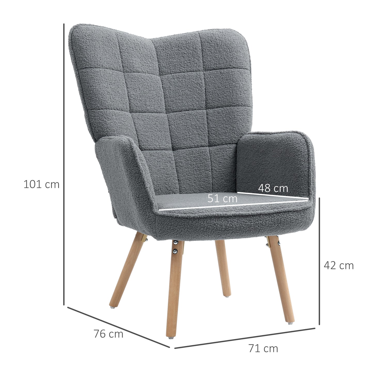 HOMCOM Modern Accent Chair, Upholstered Tufted Wingback Armchair with Seat Padding, Leisure Lounge Bedroom Chair with Wood Legs, Dark Grey