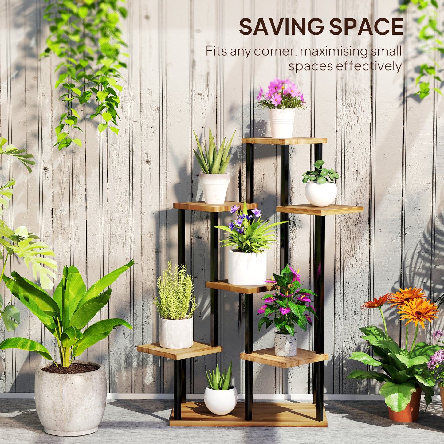 Outsunny Plant Stand: 7 Tier Indoor/Outdoor Corner Steel-Wood Shelf, Tall Display Rack for Multiple Plants, Carbonised Finish