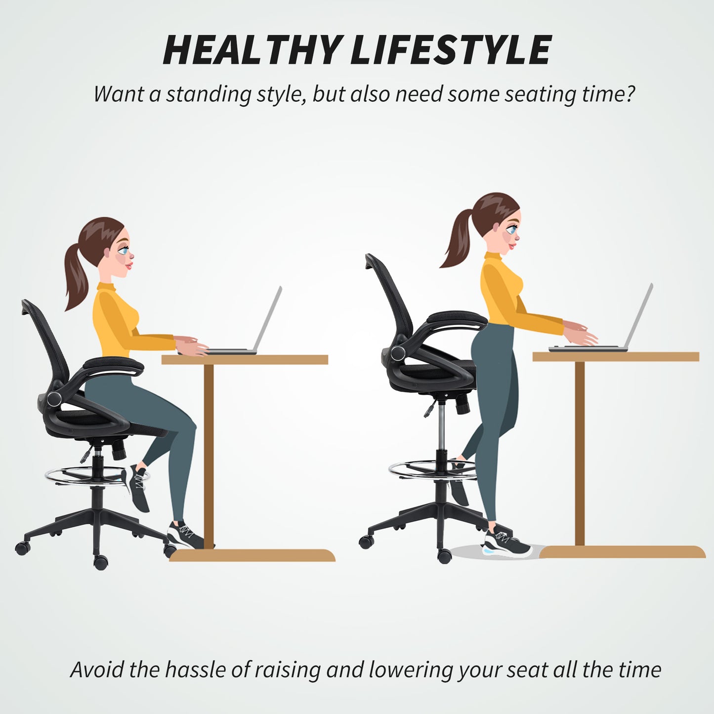 Vinsetto Drafting Chair with Flip-up Armrest, Mesh Office Stool with Foot Ring, 360° Swivel Height Adjustable Chair for Standing Desk, Black