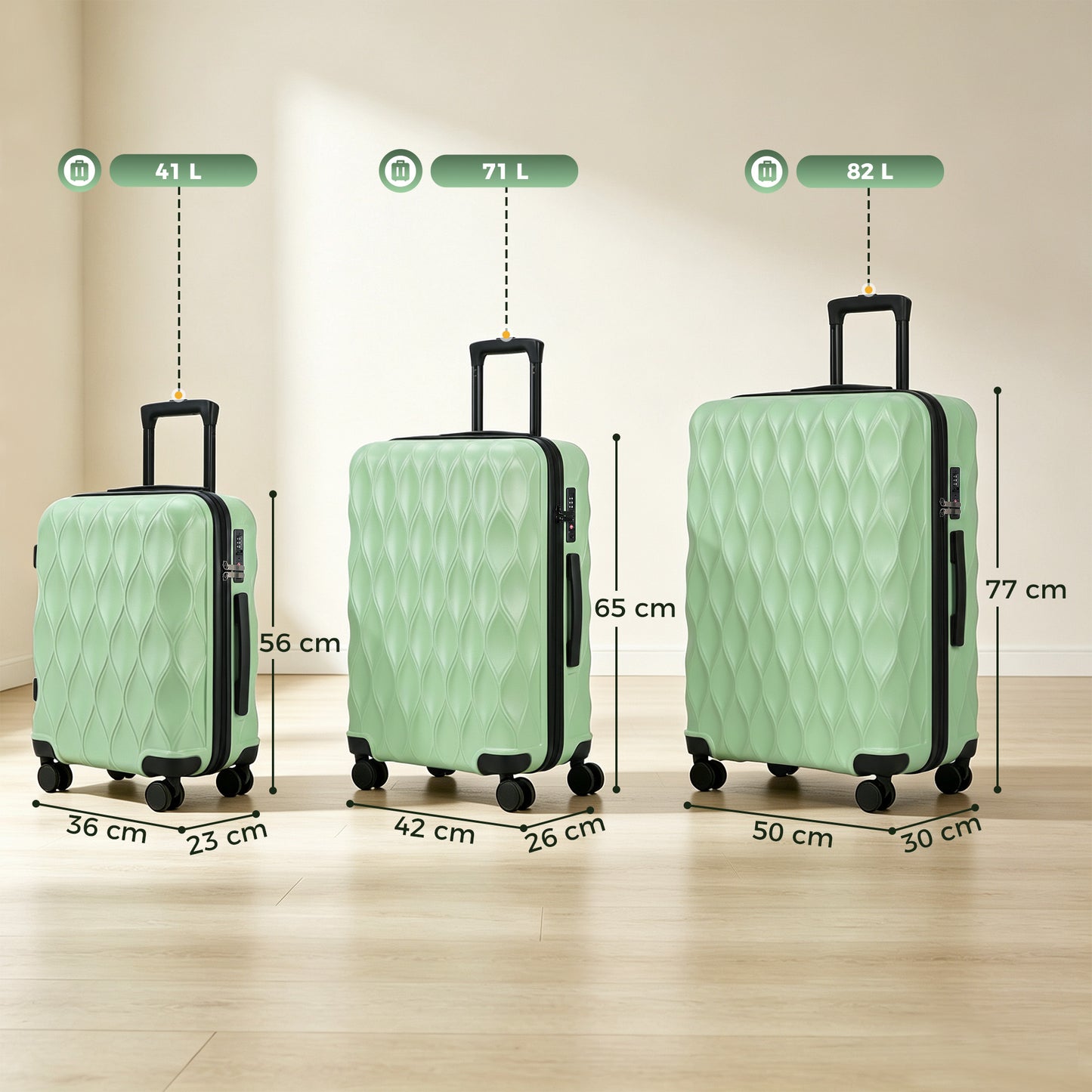 HOMCOM 3-Piece Suitcase Set, Hard Shell Carry On & Checked Luggage Set with TSA Lock, 20/24/28 Inch, Green