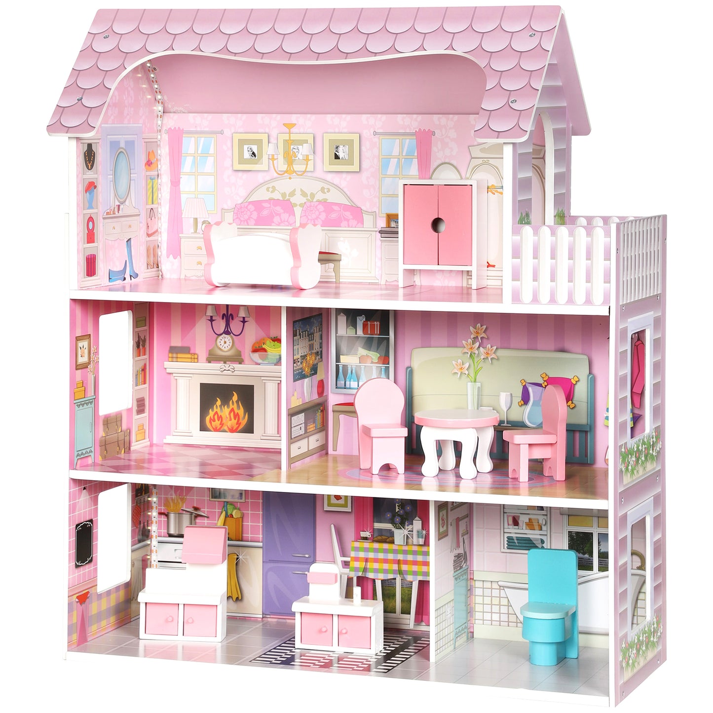 AIYAPLAY Dolls House, 6 Rooms Modern Dollhouse with LED Lights, 8 Furniture Pieces, 3-Level Playhouse Gift for Kids 3-6 Years