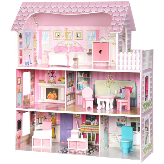 AIYAPLAY Dolls House, 6 Rooms Modern Dollhouse with LED Lights, 8 Furniture Pieces, 3-Level Playhouse Gift for Kids 3-6 Years