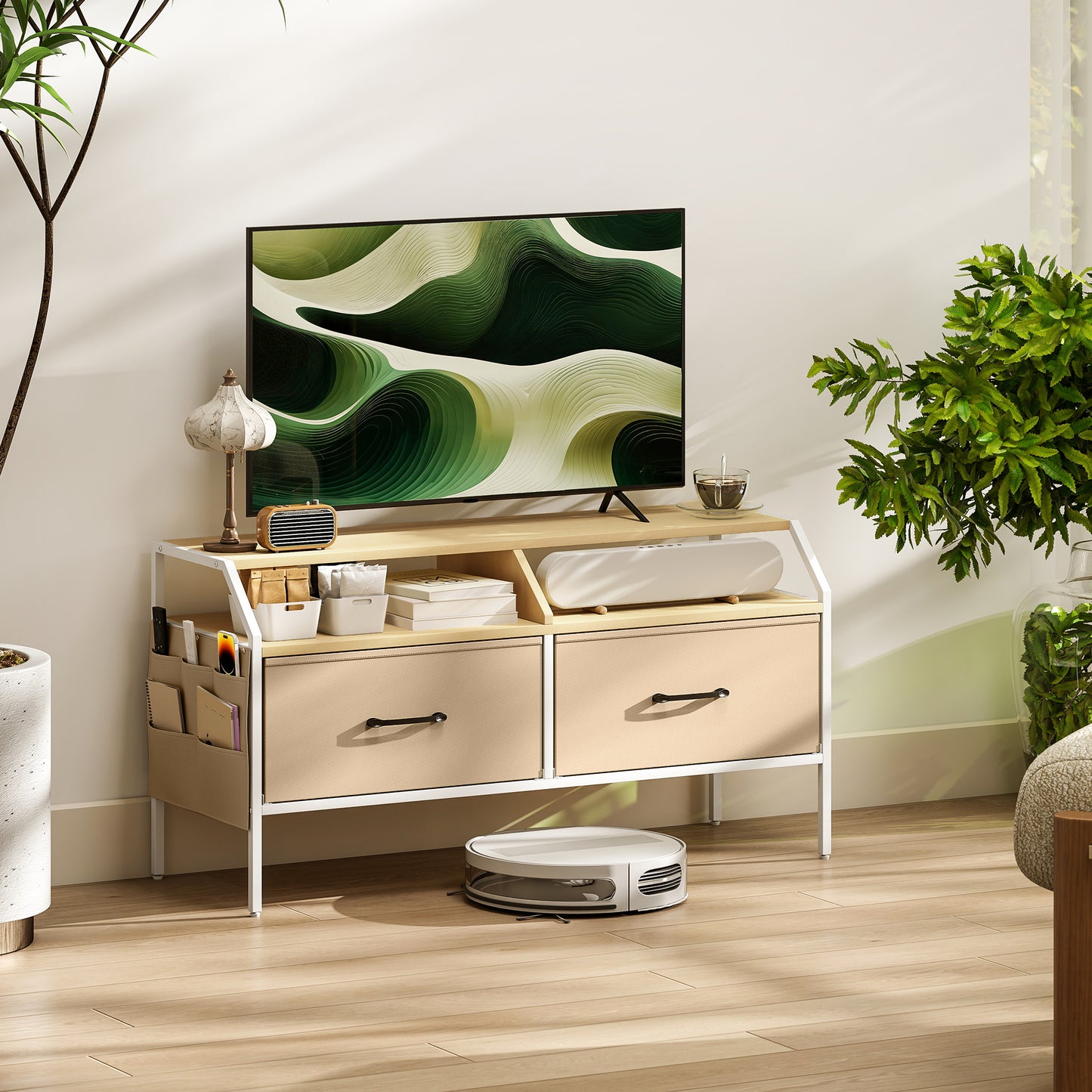 HOMCOM TV Stand Cabinet for 55-inch TVs, 2 Foldable Fabric Drawers, 5 Side Pockets, Open Shelves, Console Table, Natural Wood Finish