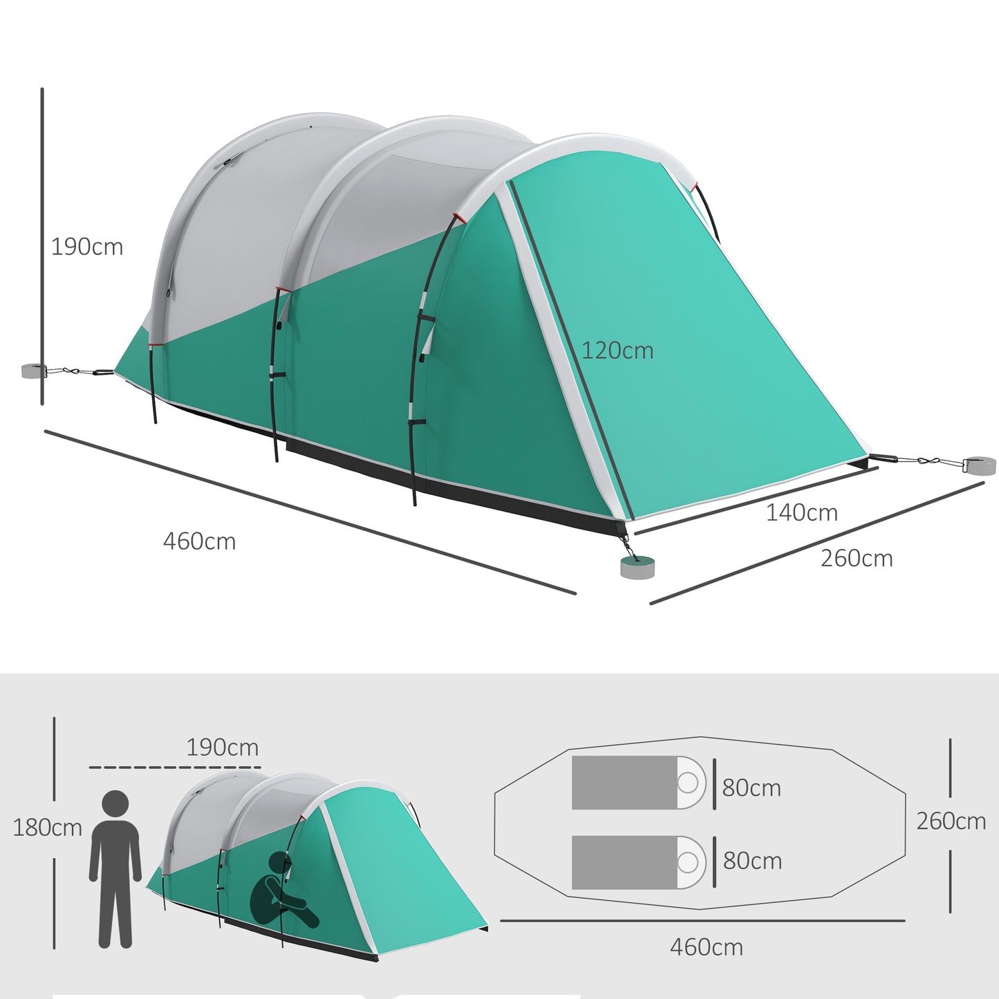 Outsunny 2 Room Camping Tent for 4-5 Man 3000mm Waterproof Family Tent with Carry Bag for Fishing Hiking Festival Green