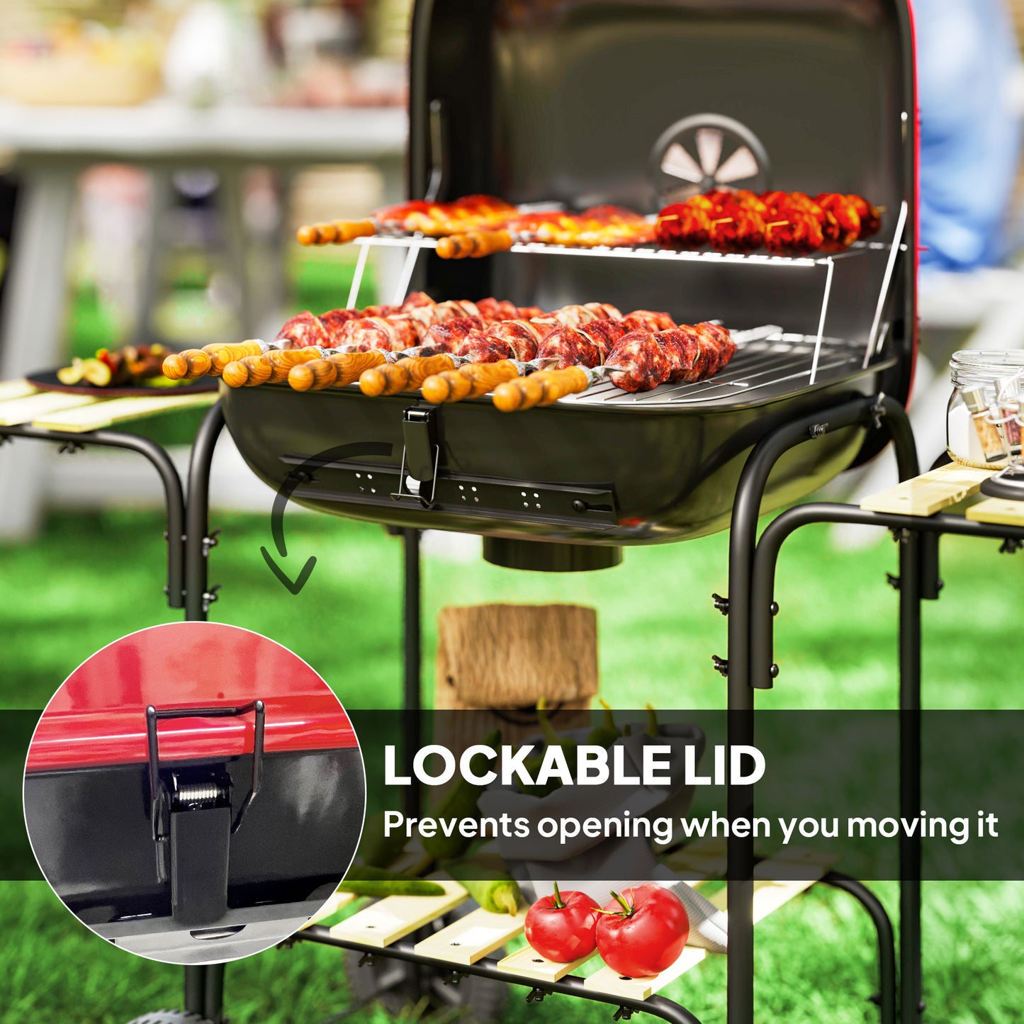 Outsunny Portable Charcoal BBQ Grill, 1840 cm² Cooking Area, 3 Shelves, Adjustable Vent, Lockable Lid, Wheels, Outdoor, Red