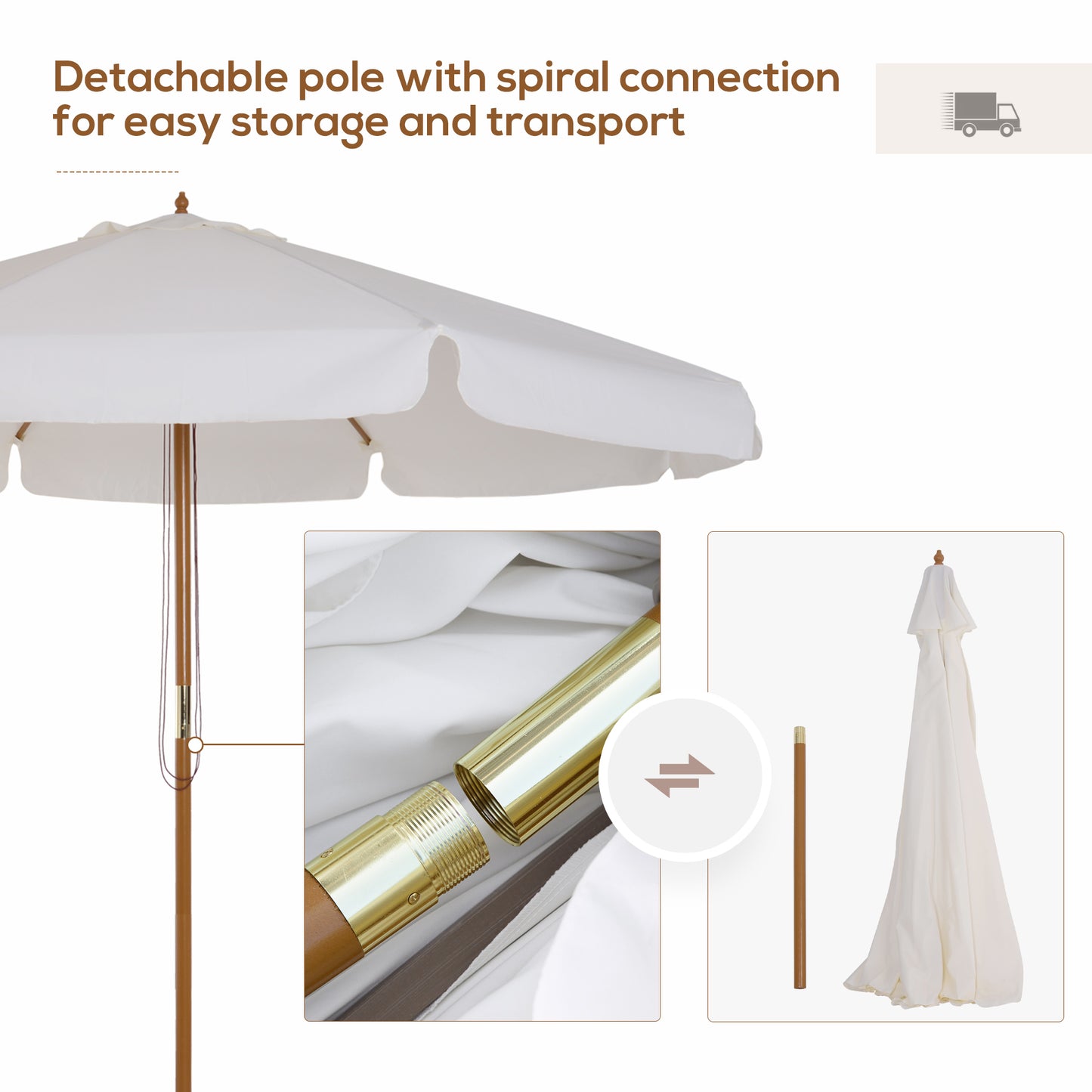 Outsunny 3.3(m) Garden Parasol Umbrella, Outdoor Sun Shade Canopy with 8 Bamboo Ribs, Ruffles and Wood Pole, Cream White