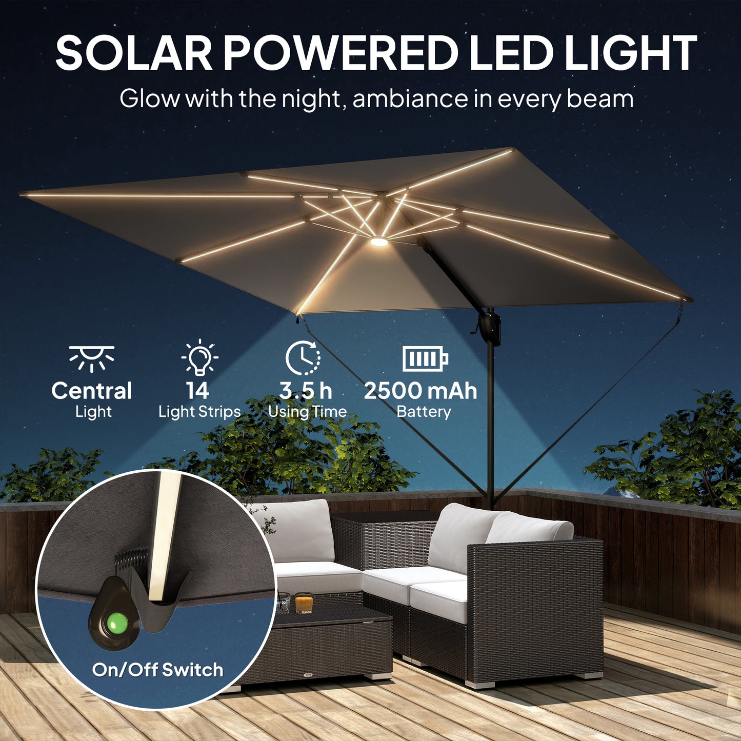 Outsunny 3 x 3 m Garden Cantilever Parasol w/ Light, Cover, UPF50+ Patio Umbrella w/ Wind Protection, 360° Rotation, Dark Grey