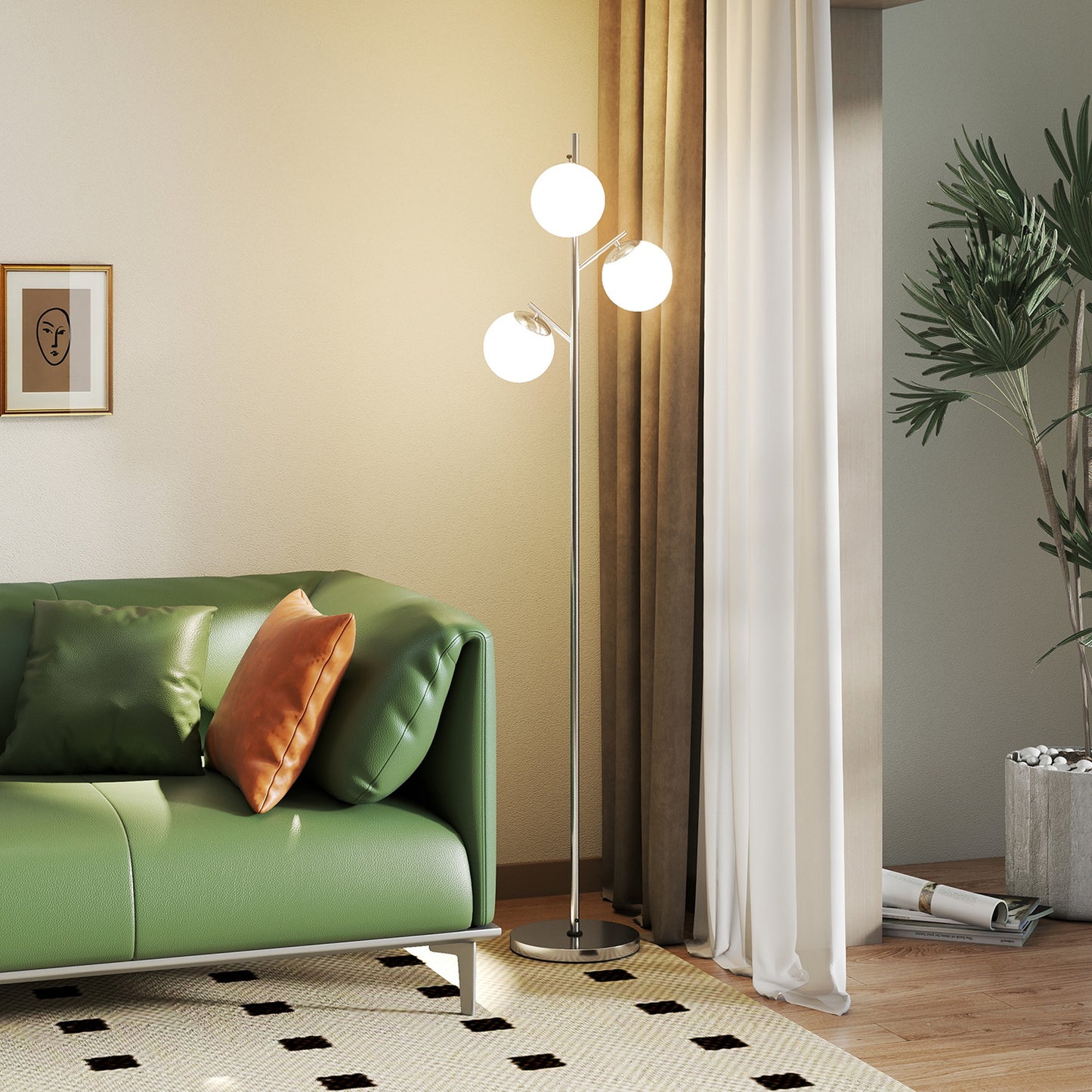 HOMCOM Modern 3-Light Tree Floor Lamp with Globe Lampshades, for Living Room and Bedroom, Steel Base, 3000K-6000K, Silver Tone