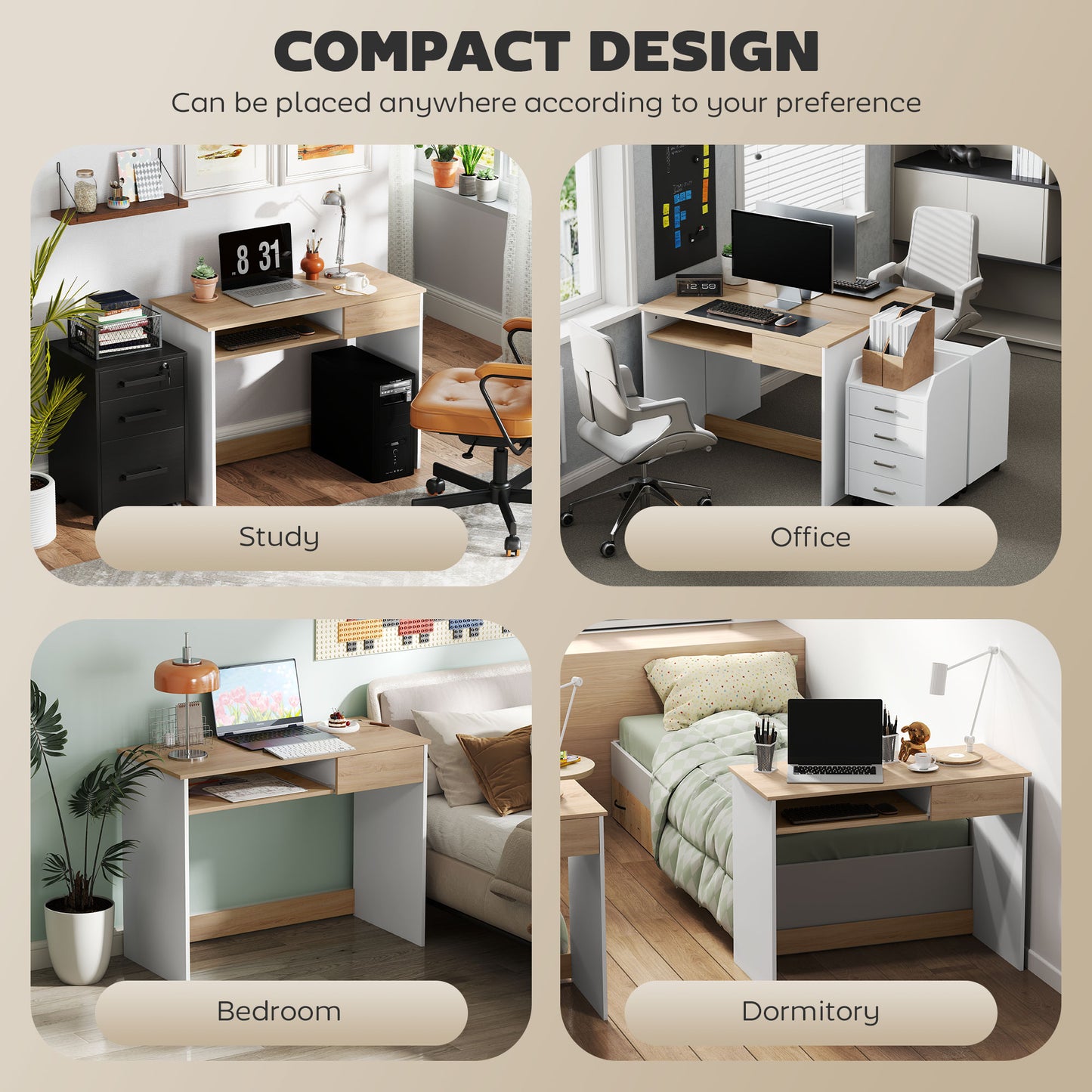 HOMCOM Compact Computer Desk with Keyboard Tray, Home Office Desk with Drawer for Bedroom Study, Oak