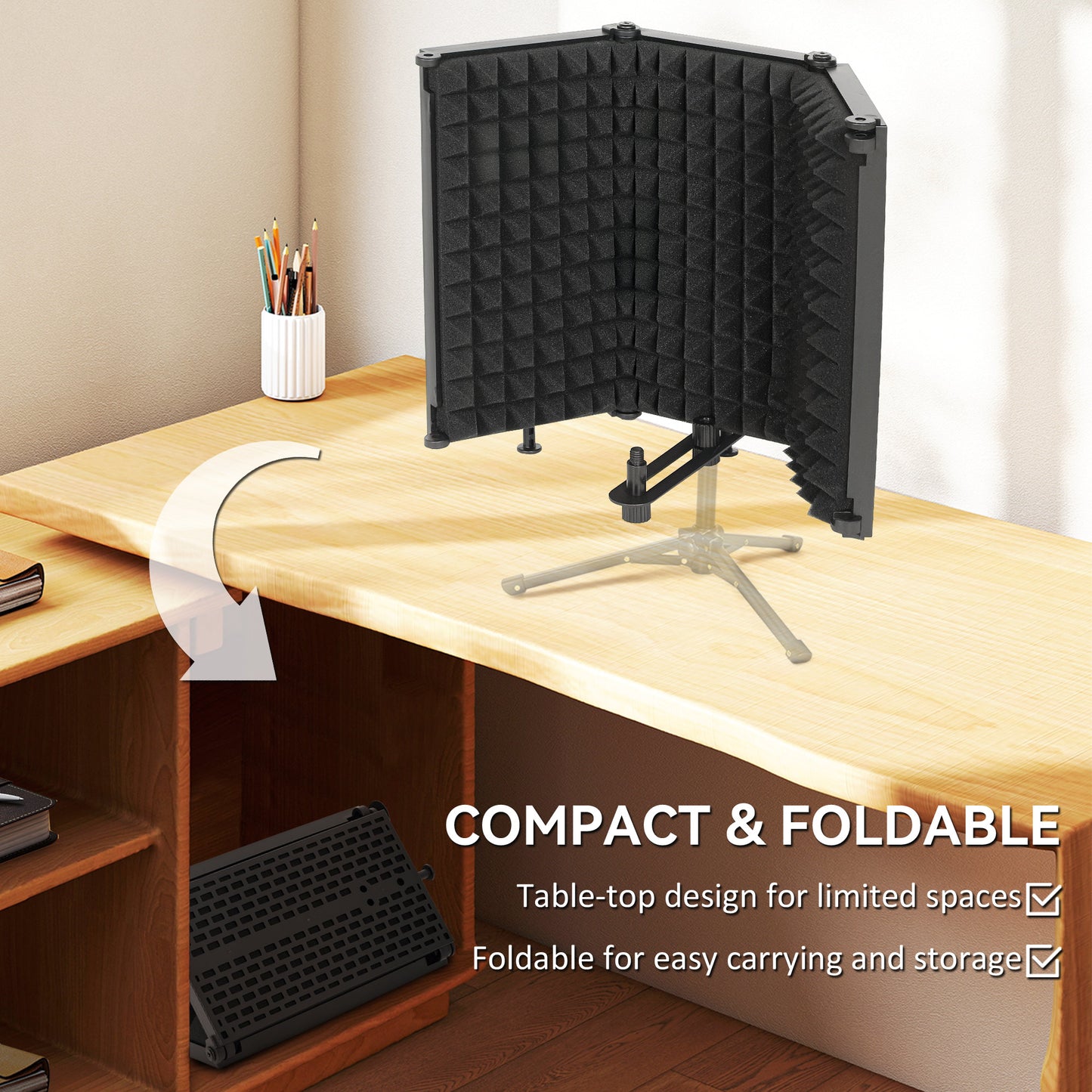 HOMCOM Studio Microphone Isolation Shield, 3-Panel Foldable High Density Foam with 3/8" Threaded Mount, Adjustable Recording Equipment, Black