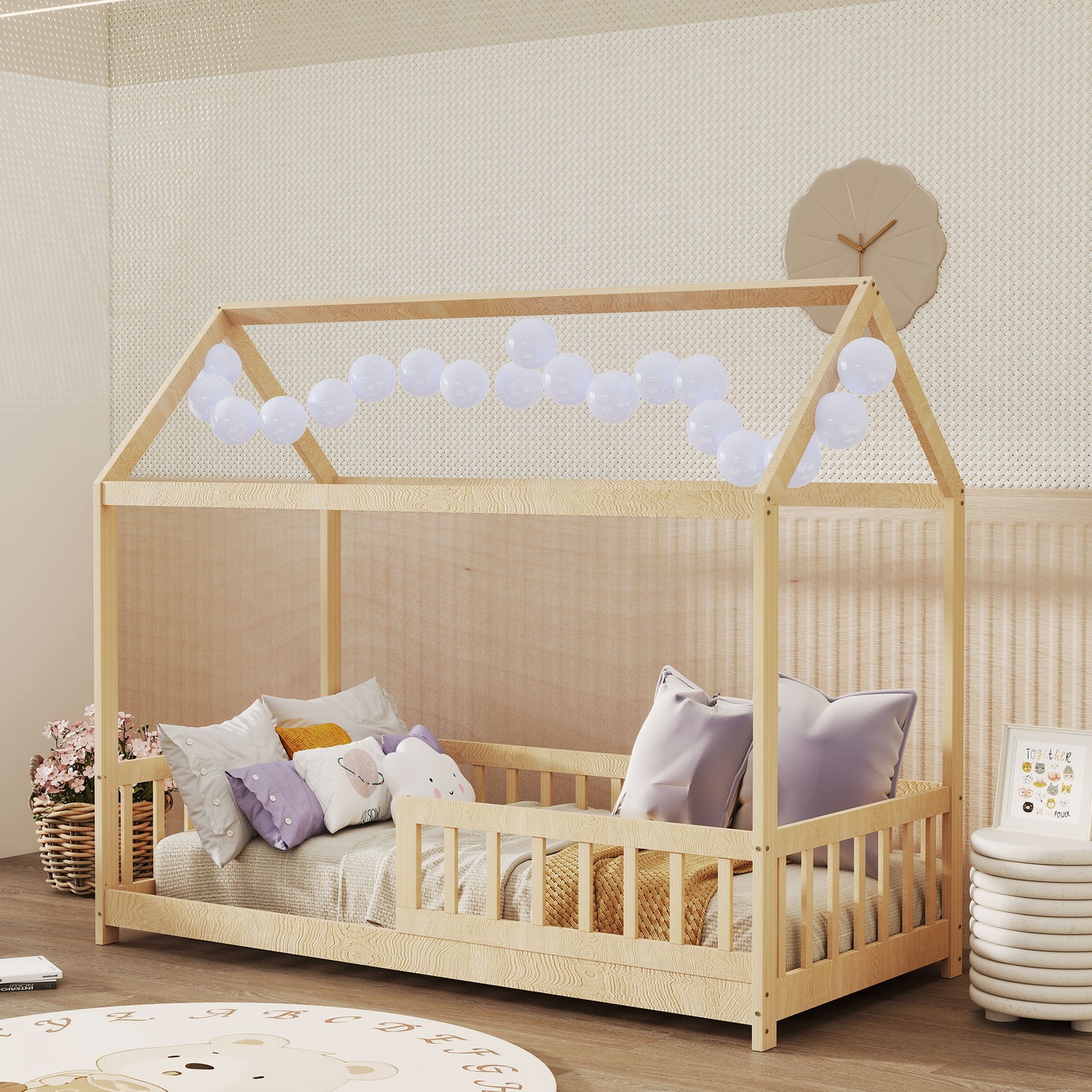 HOMCOM House-Shaped Kids Bed Frame with Guard Rails, Solid Pine Wood Single Bed Frame for Kids Boys and Girls, Natural