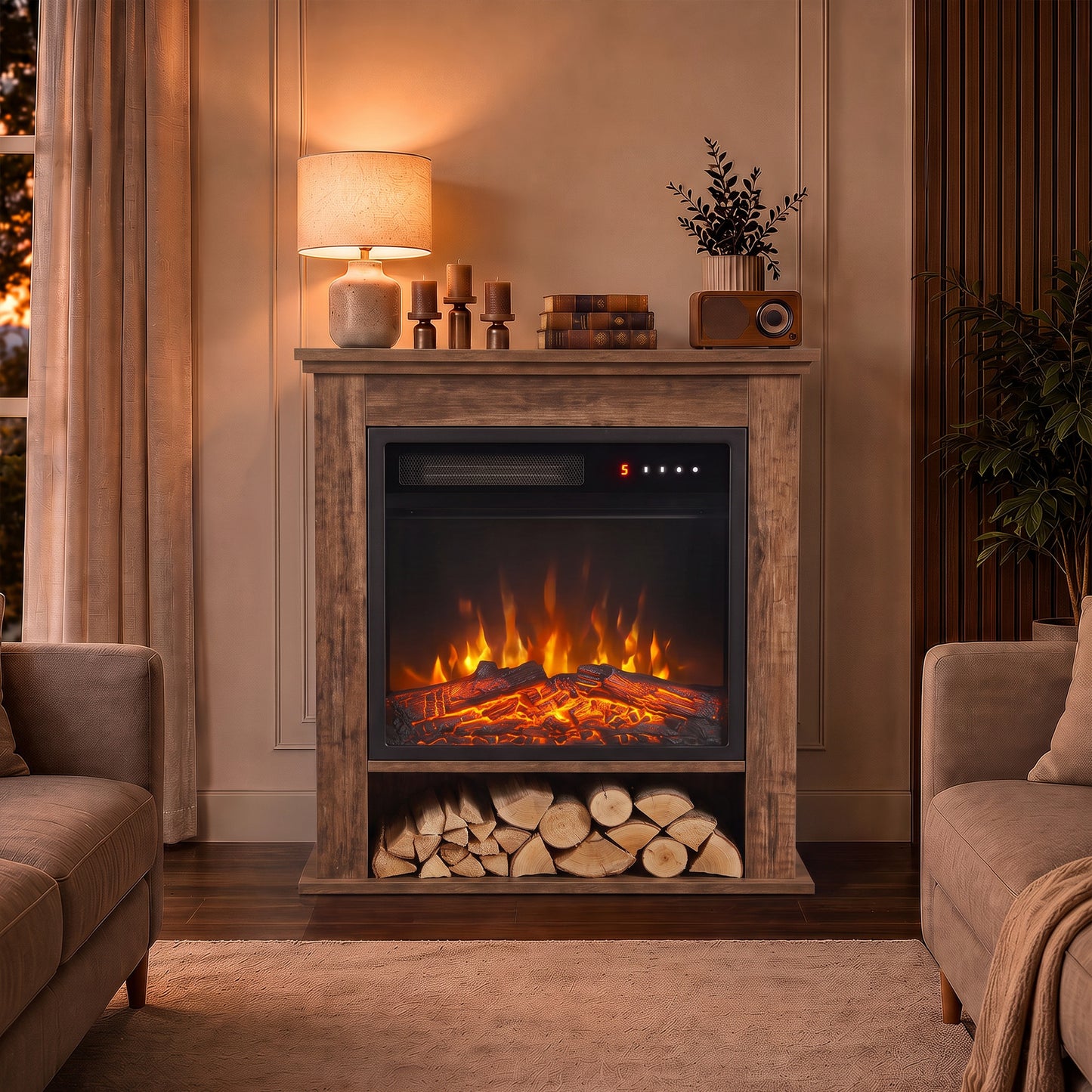 HOMCOM Electric Fireplace Suite with Shelf, 25" 1800W Electric Fire and Surround with LED Flame, 5 Brightness, Remote, Oak