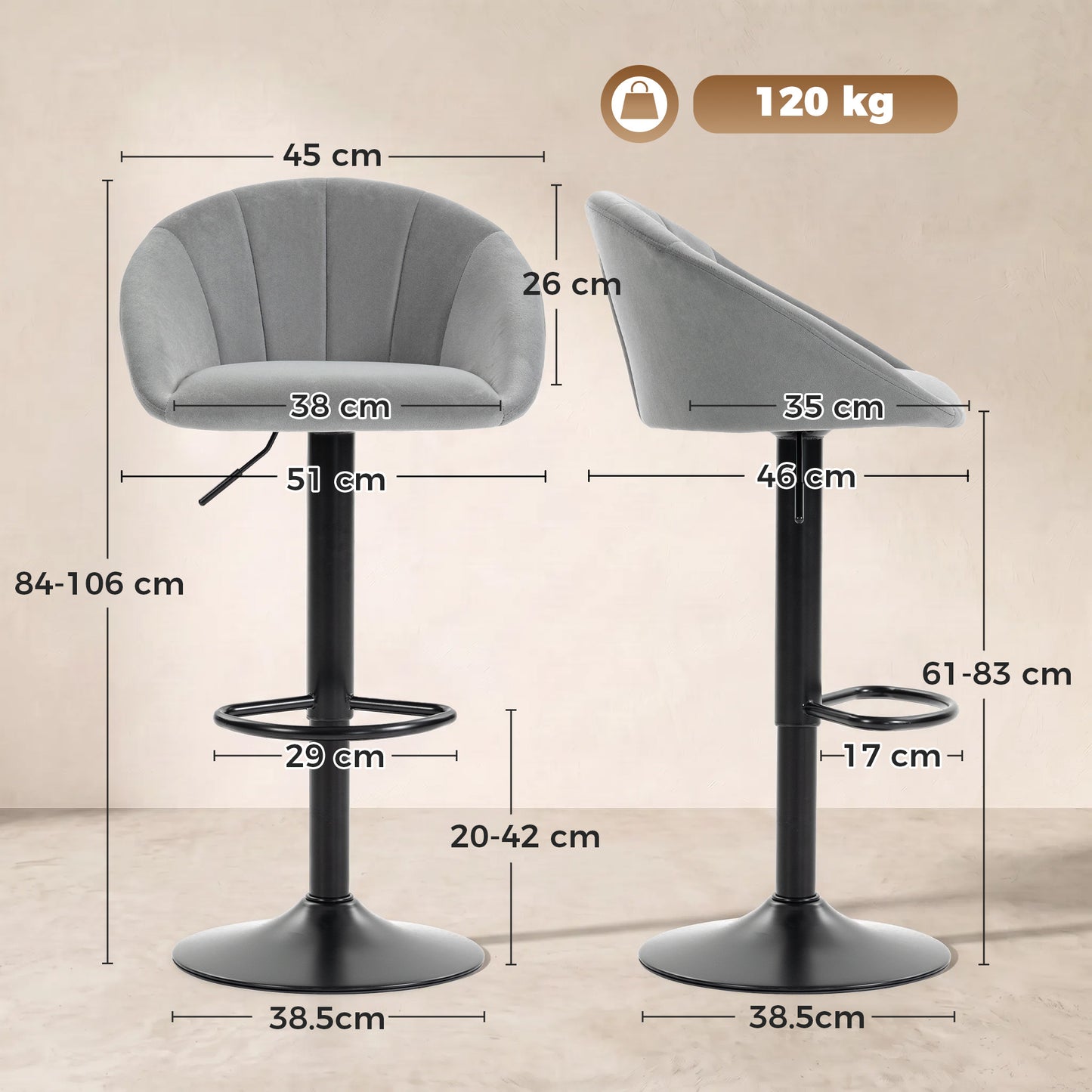 HOMCOM Set of 2 Velvet-Feel Bar Stools, Swivel Adjustable Height Breakfast Bar Chairs with Backrest, Footrest, Quilted Kitchen Stools for Dining Room, Grey
