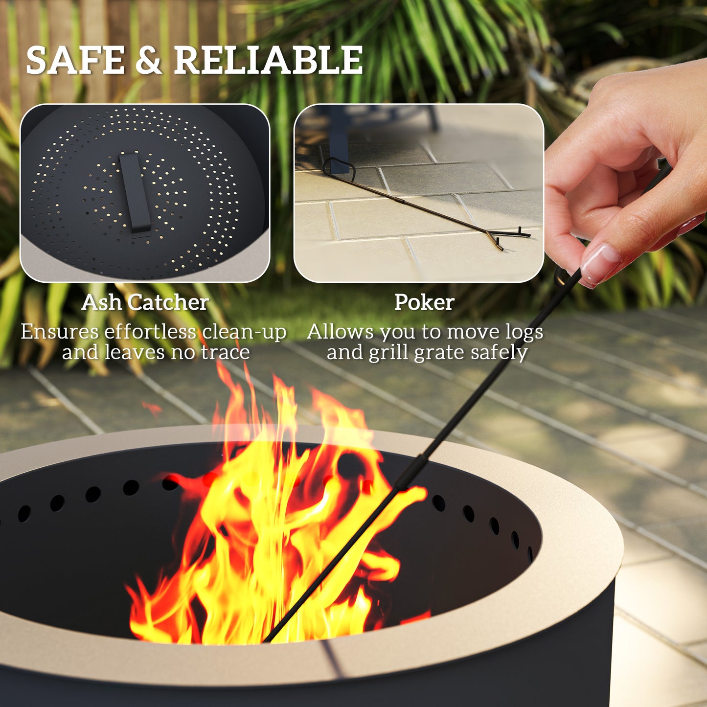 Outsunny Portable Fire Pit, 58 cm Round with Grill Grate, Ash Catcher, and Poker, Ideal for Garden Camping Bonfire Picnic, Black