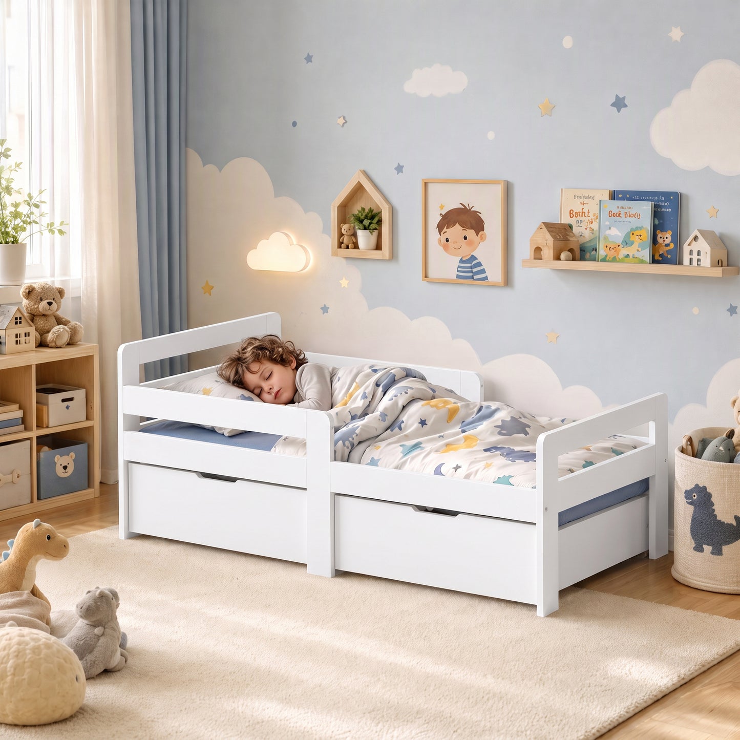 AIYAPLAY Wooden Kids Bed Frame with 2 Storage Drawers and Guard Rails for Ages 4-14, 144 x 76 x 57 cm (No Mattress), White