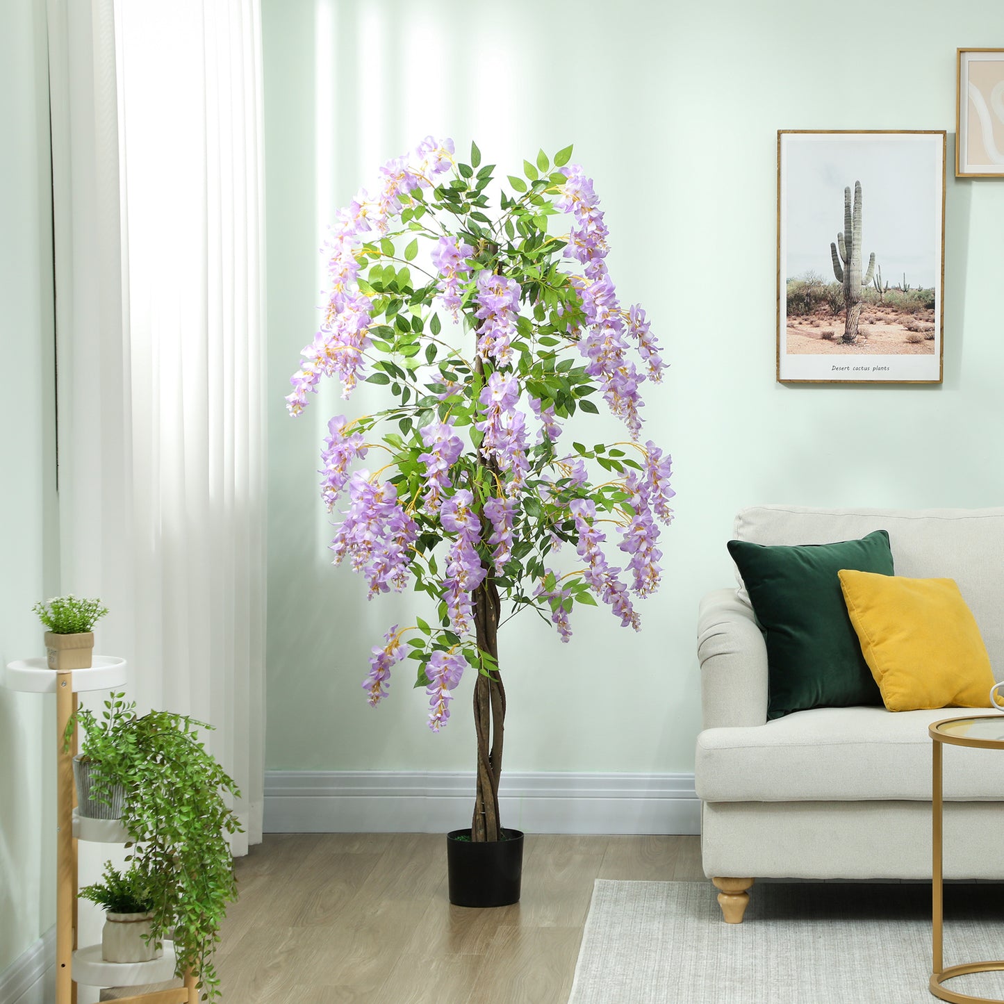 HOMCOM Artificial Wisteria, Tall Fake Plant with 756 Leaves & 54 Flowers in Pot, Home Decor, 180cm, Purple