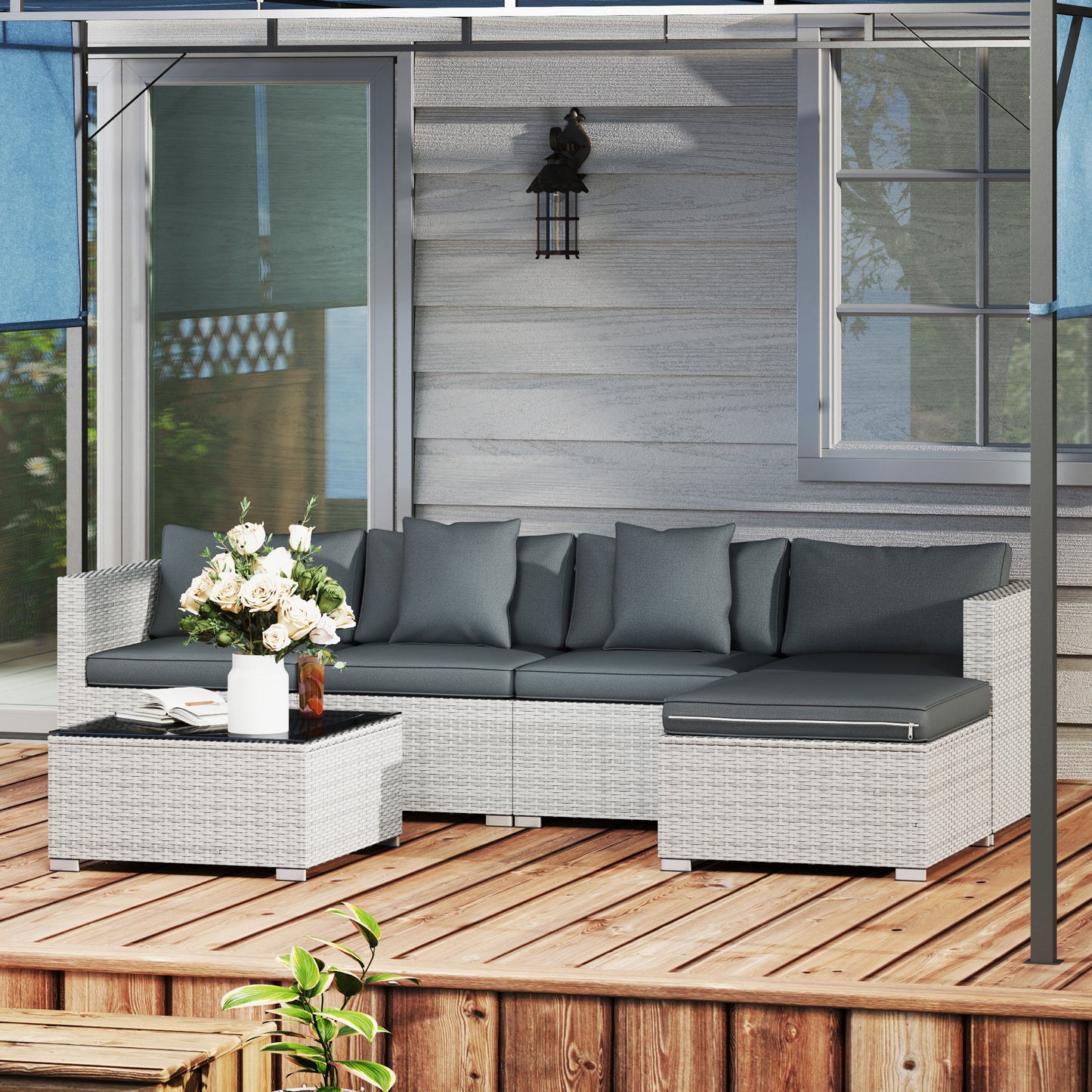 Outsunny 6 Pieces Rattan Corner Sofa Set - Mixed Grey