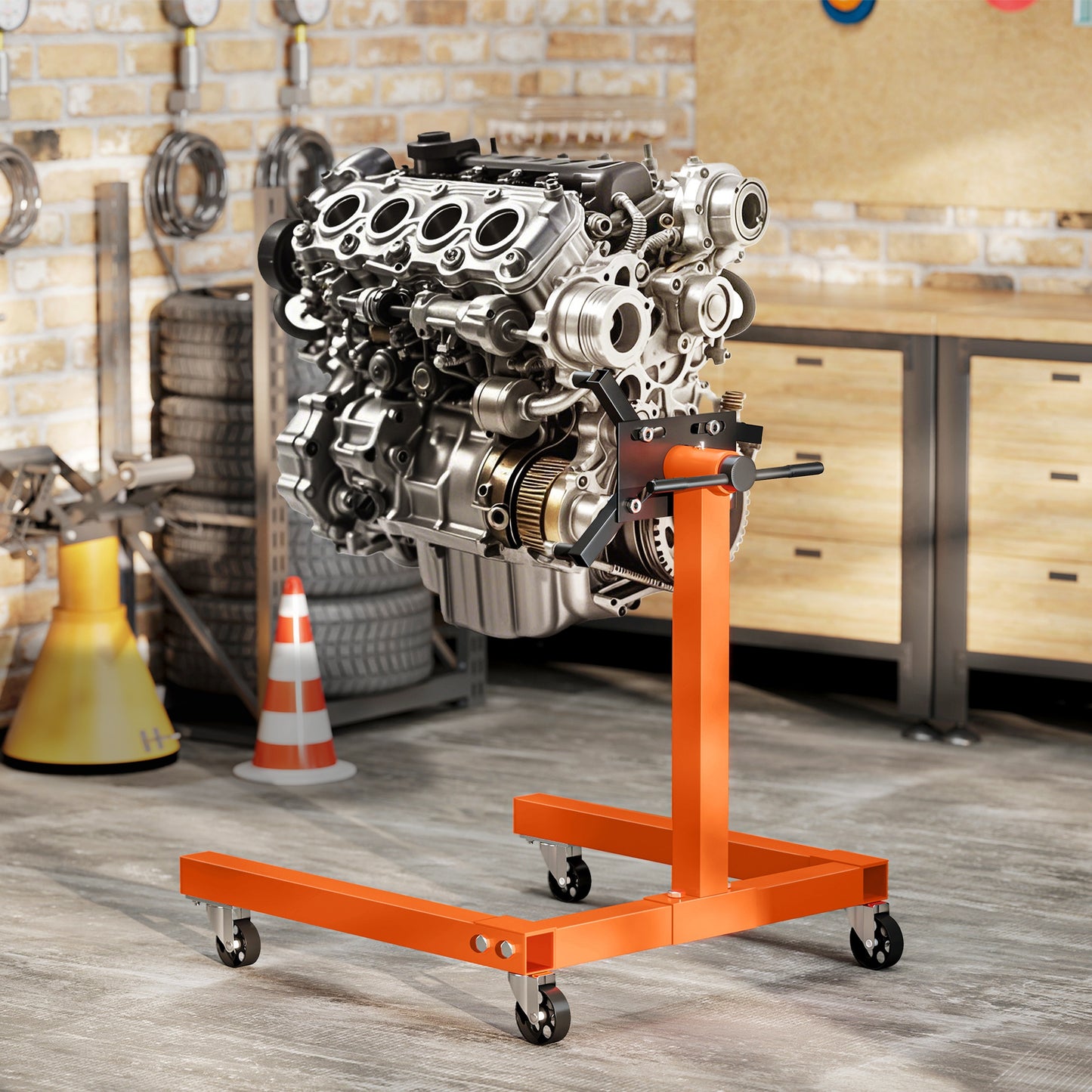 HOMCOM Engine Stand, 570 kg Rotating Head with 4 Mounting Arms, Heavy Duty Steel, Universal Wheels for Garage/Workshop, Orange