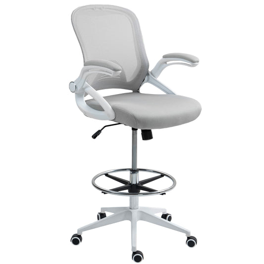 Vinsetto Drafting Chair with Flip-up Armrest, Mesh Office Stool with Foot Ring, 360° Swivel Height Adjustable Chair for Standing Desk, Light Grey