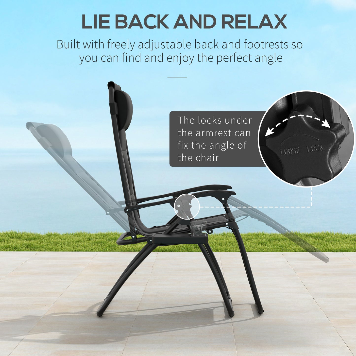 Outsunny Foldable Reclining Garden Chair Set of 2, Zero Gravity Chairs, Padded Seat, Cup Holder, Black