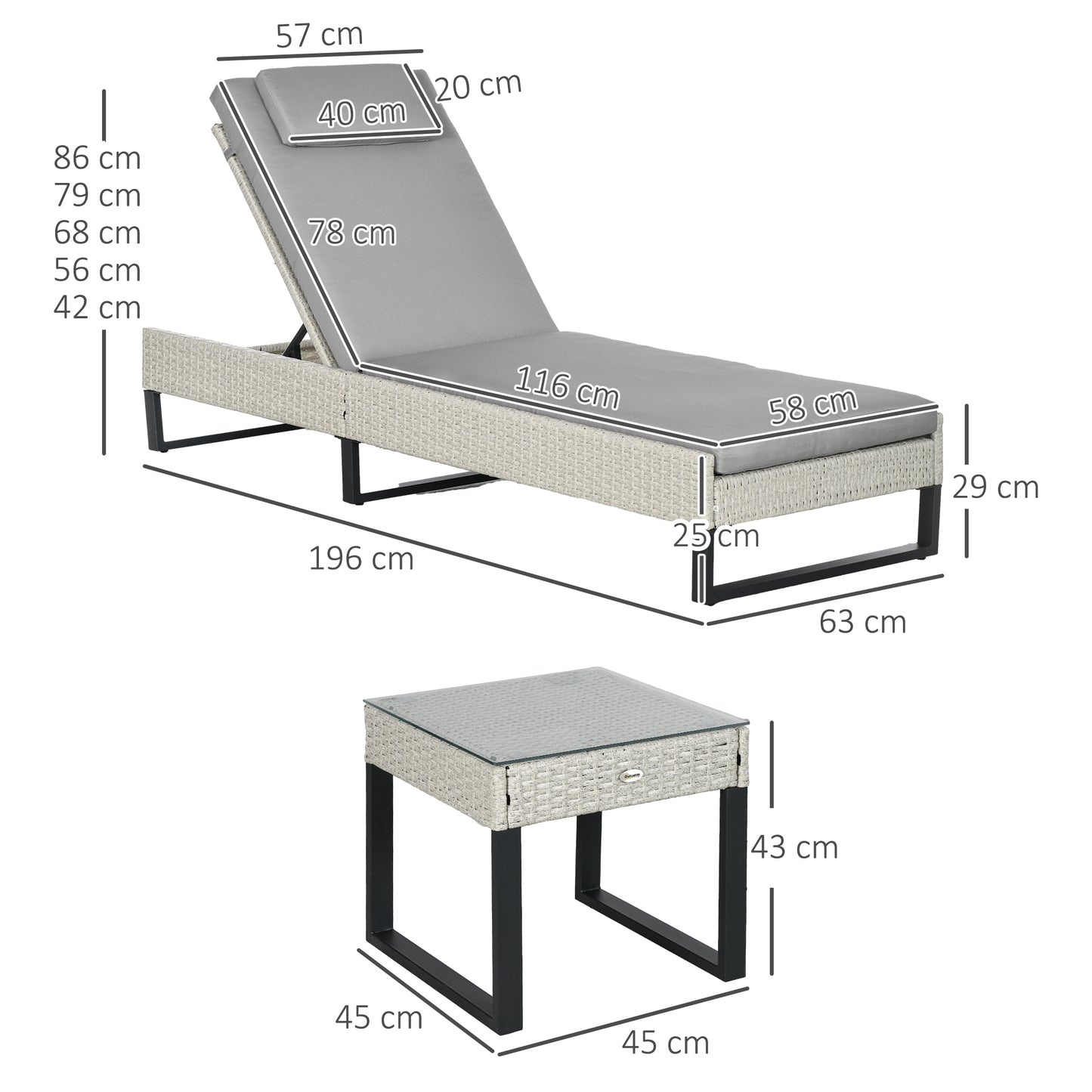 Outsunny Rattan 3-Piece Lounger Set with Table - Light Grey