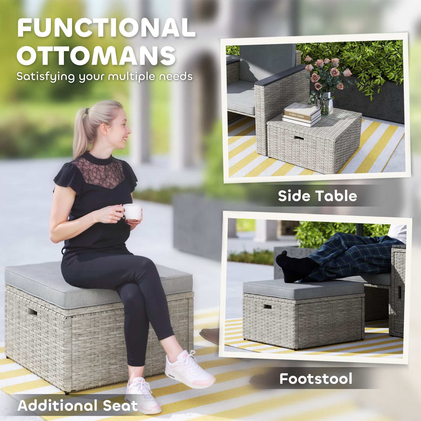 Outsunny 5 Piece Rattan Garden Furniture Set, Nesting Sofa with Footstools, WPC Storage Coffee Table & Cushions, Grey