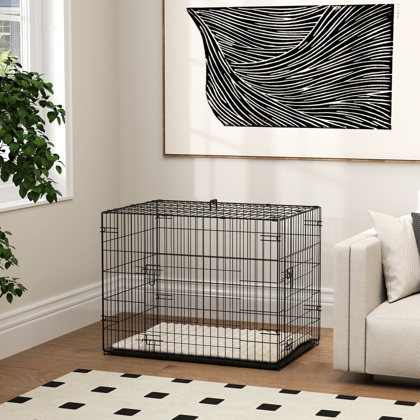 PawHut Dog Crate with 2 Doors with Tray, Soft Cushion, Foldable Metal Dog Cage for Small Dogs, 76 x 53 x 60, Black